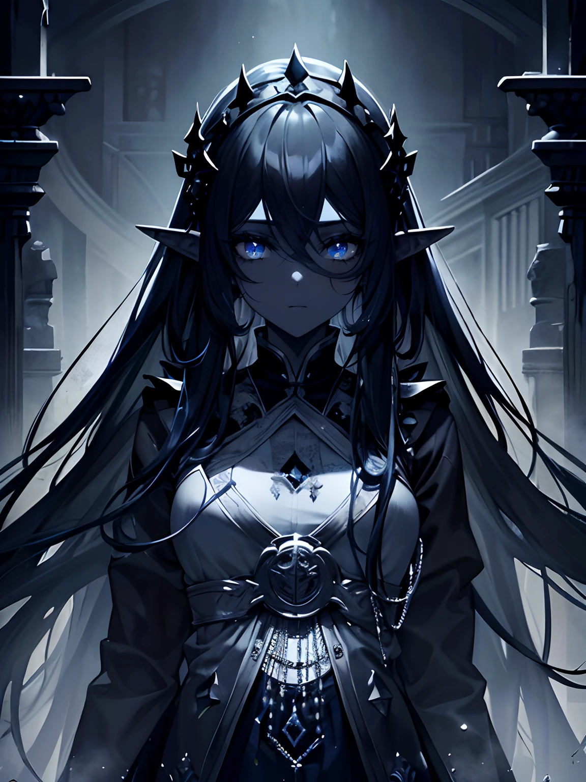 (Obra maestra, La mejor calidad, ultrahigh resolution),1girl,Pelo muy largo,cabello ????? oscuro,Orejas de elfo, piel negra, Cara hermosa y detallada, ojos detallados,Ceremonial robe, corona negra,en un palacio en ruinas, ((Tema gris y azul))