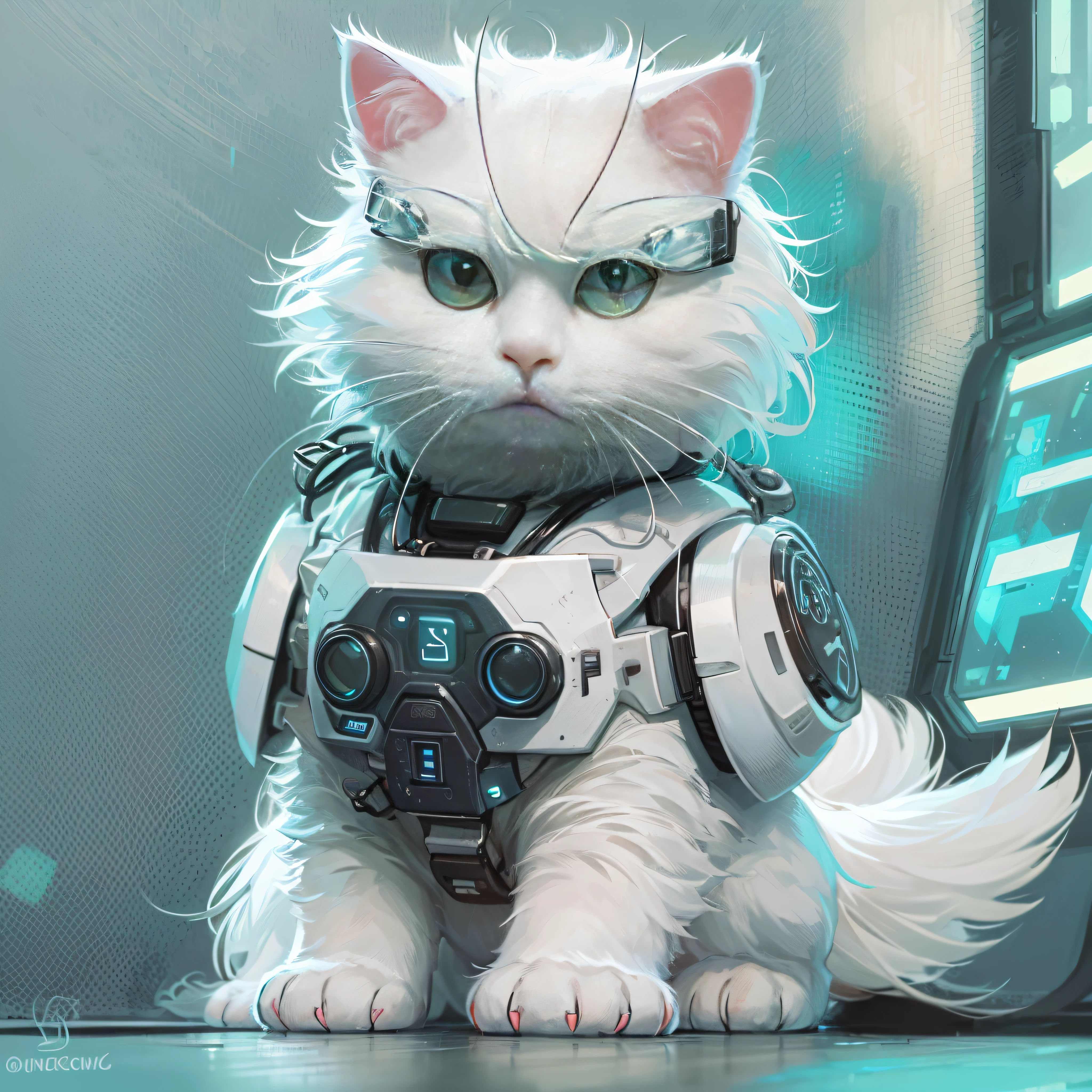 (cute white cat: 1.5), standing, cute, wearing a cyberpunk costume