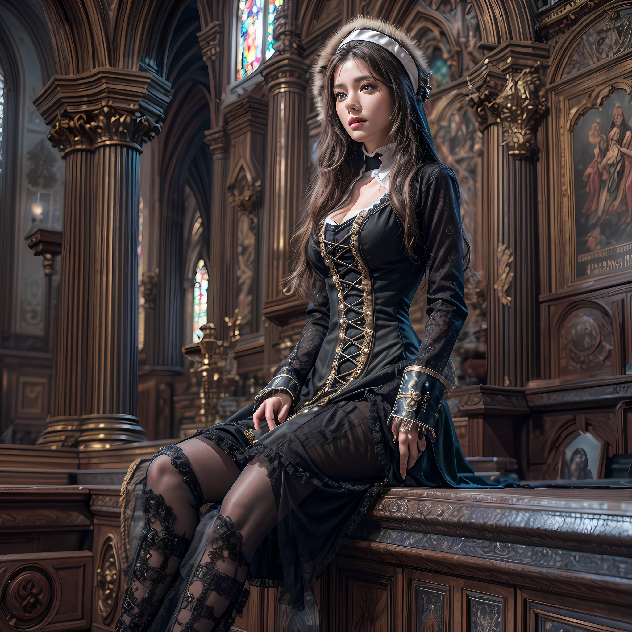 a model shot picture of a steampunk (1)nun in a church, an (exquisite beautiful woman: 1.4) nun, wearing nun habit, wearing black pantyhose, (best detailed face:1.3), (ultra feminine: 1.3), dynamic hair, long hair, wavy hair, blue eyes, intent eyes, wearing high heeled boots, photorealistic, 16k, RAW, award winning, (best detailed: 1.5), masterpiece, best quality, (best detailed: 1.3), full body, ultra wide shot, 3D rendering