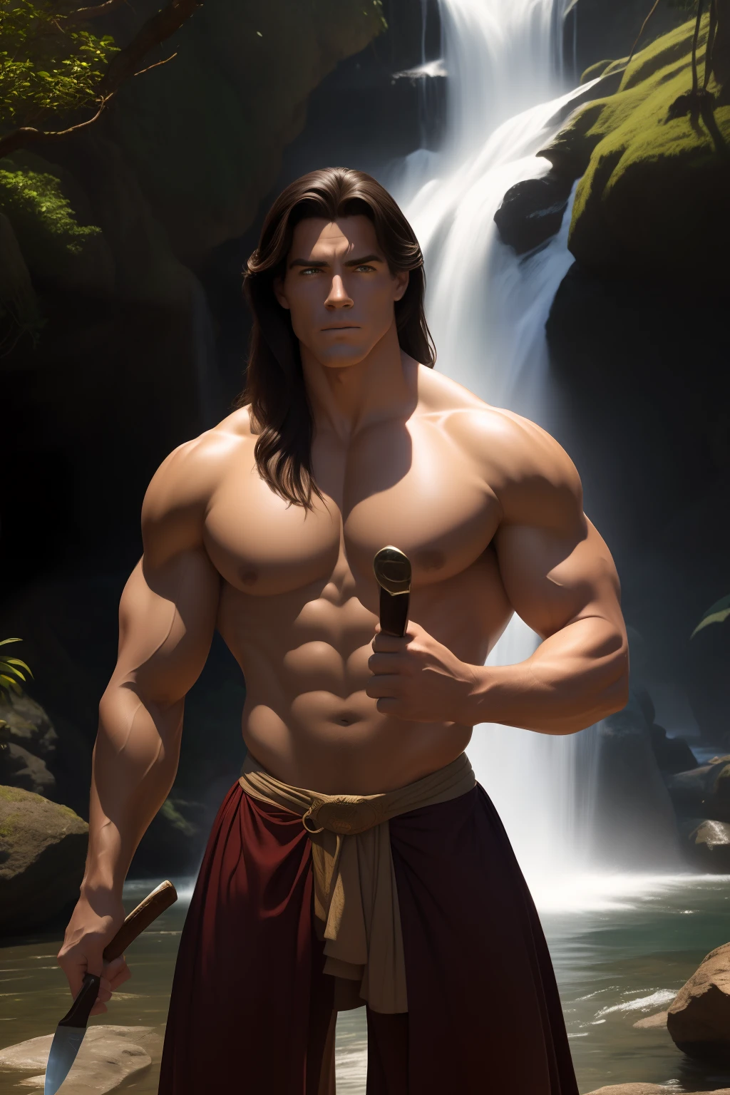 ((SFW))Arte estilo john Buscema,Um close up de Lorde Clayton Greystoke aka Tarzan dos macacos, next to a beautiful waterfall holding a knife in his hands, corpo inteiro,, cena detalhada, cena perfeita, pingos de suor.((SFW))
