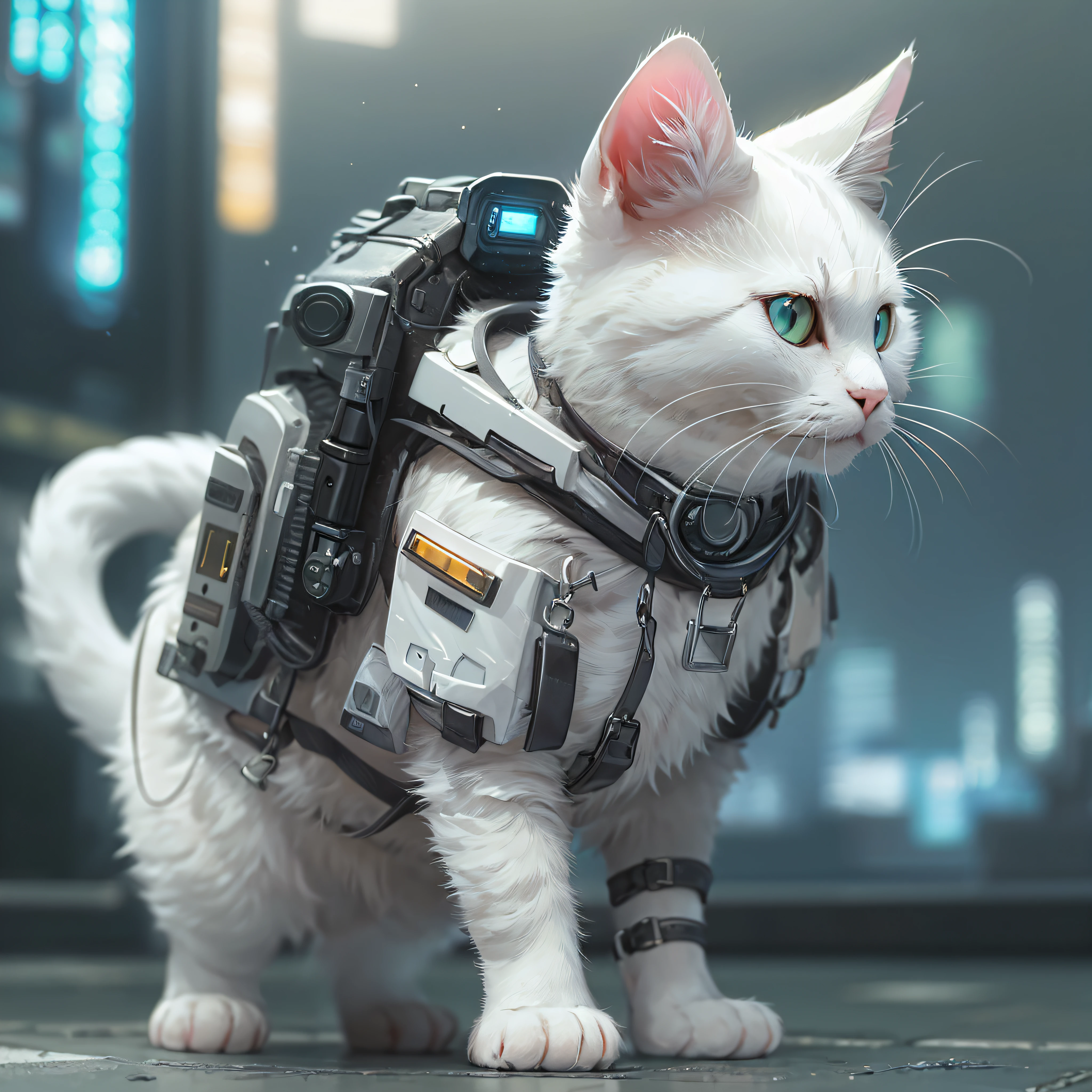 (cute white cat: 1.5), standing, cute, wearing a cyberpunk costume