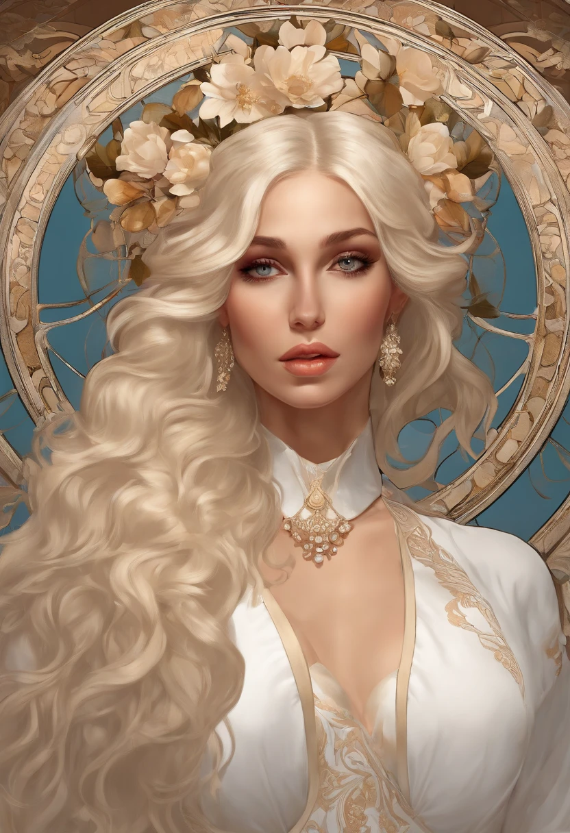 ghly details, Seductive erotic women, Tight fitting shirts, (Busty, So big，So much so that the shirt is constantly destroyed, White hair), face centered, Face Focused, intricately detailed eyes，Temptation in the eyes，Solid，There are abs，In the restroom，Hands on the head to do rocking long curly hair, Blonde, Flower frame, Decorative panels, Abstract art, by Alphonse Mucha (Masterpiece, Highest quality, high resolution: 1.4), Detailed, Intricate details, 4K, colored splashing, Line art, Fibonacci, no lingerie