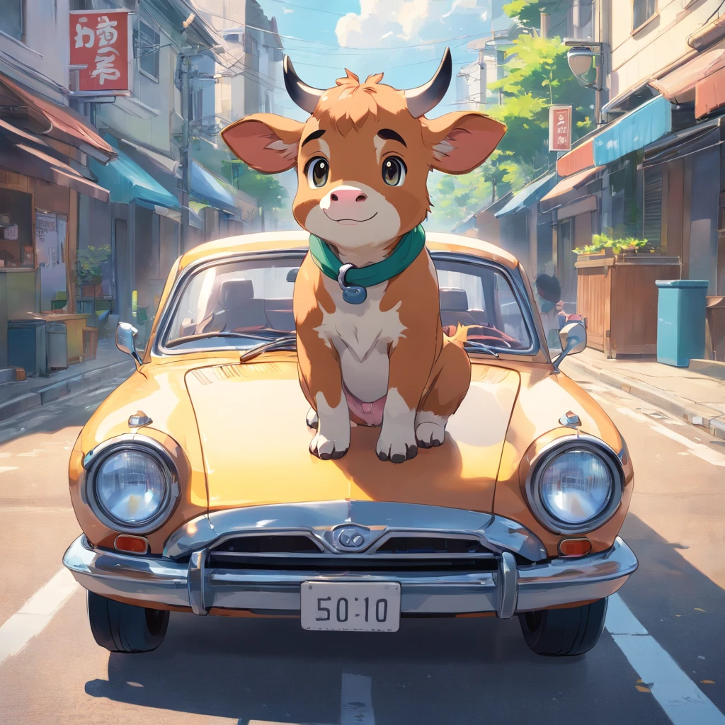 Quality, Amazing Details, Breathtaking studio shot, focused, funny  cow resembling Pixtar, Grands yeux, He stands on the hood of the car denting the hood in the middle of a street., daytime