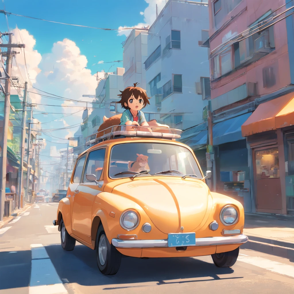 Quality, Amazing Details, Breathtaking studio shot, focused, funny  cow resembling Pixtar, Grands yeux, He stands on the hood of the car denting the hood in the middle of a street., daytime