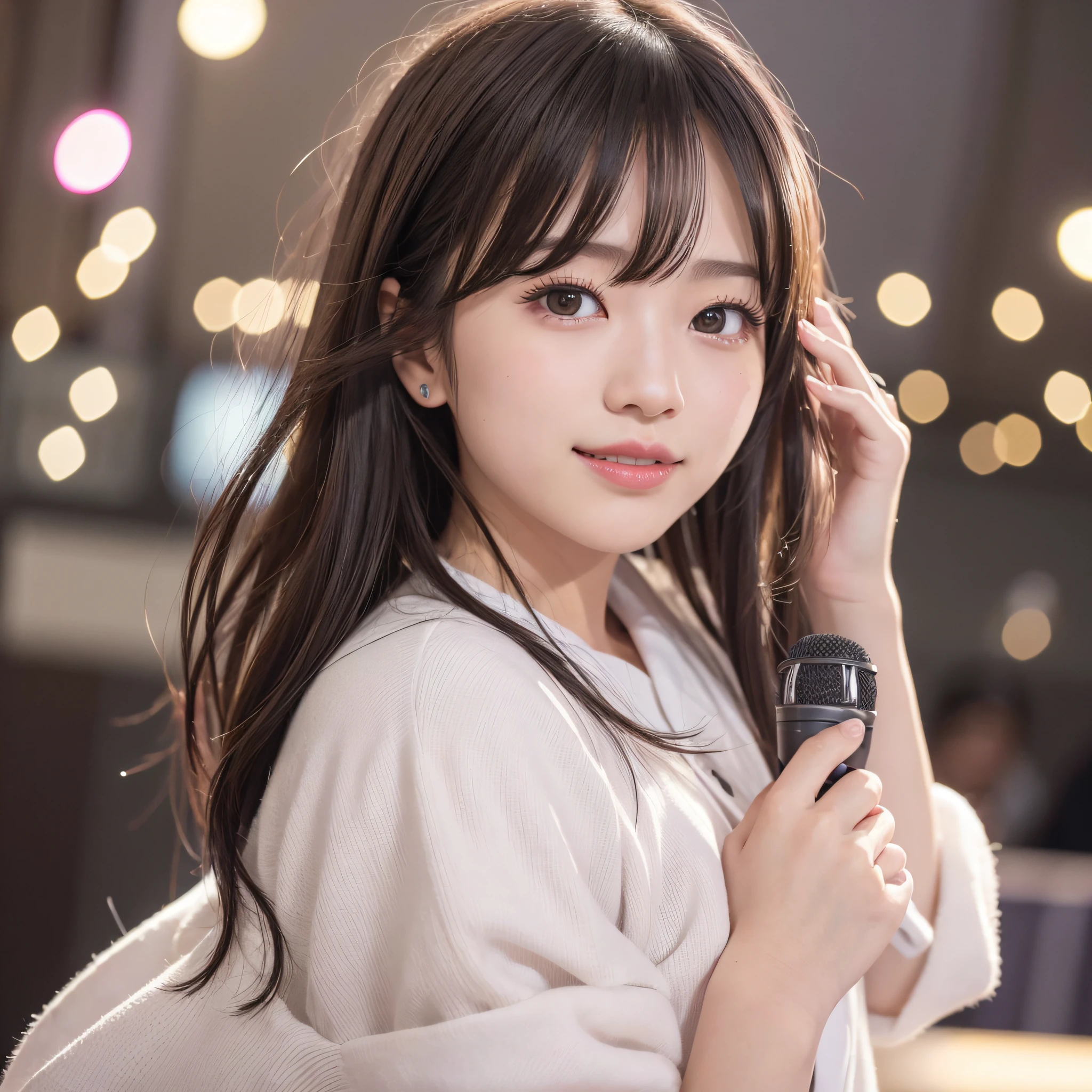 bokeh feeling、portlate、real woman、femele、Realistic Woman、Pretty Woman、Japan Women、idol、idol、live、LIVE、dance、dancing、Sing a song、singing、a smile、smailing、live house、microphone、BigEyes、Hair in super detail、Light makeup、Fluffy costumes、Kamimei、Best style、red-lips、Recommendation Men