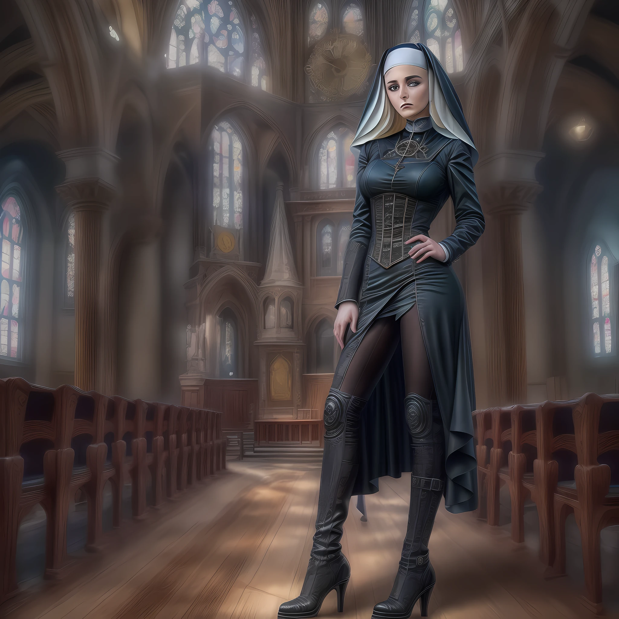 a picture of a steampunk (1)nun in a church, wearing nun habit, wearing black pantyhose, (best detailed face:1.3), ultra feminine: 1.3), dynamic hair, long hair, wavy hair, blue eyes, intent eyes, wearing high heeled boots, photorealistic, 16k, RAW, award winning, (best detailed: 1.5), masterpiece, best quality, (best detailed: 1.3), full body, ultra wide shot,