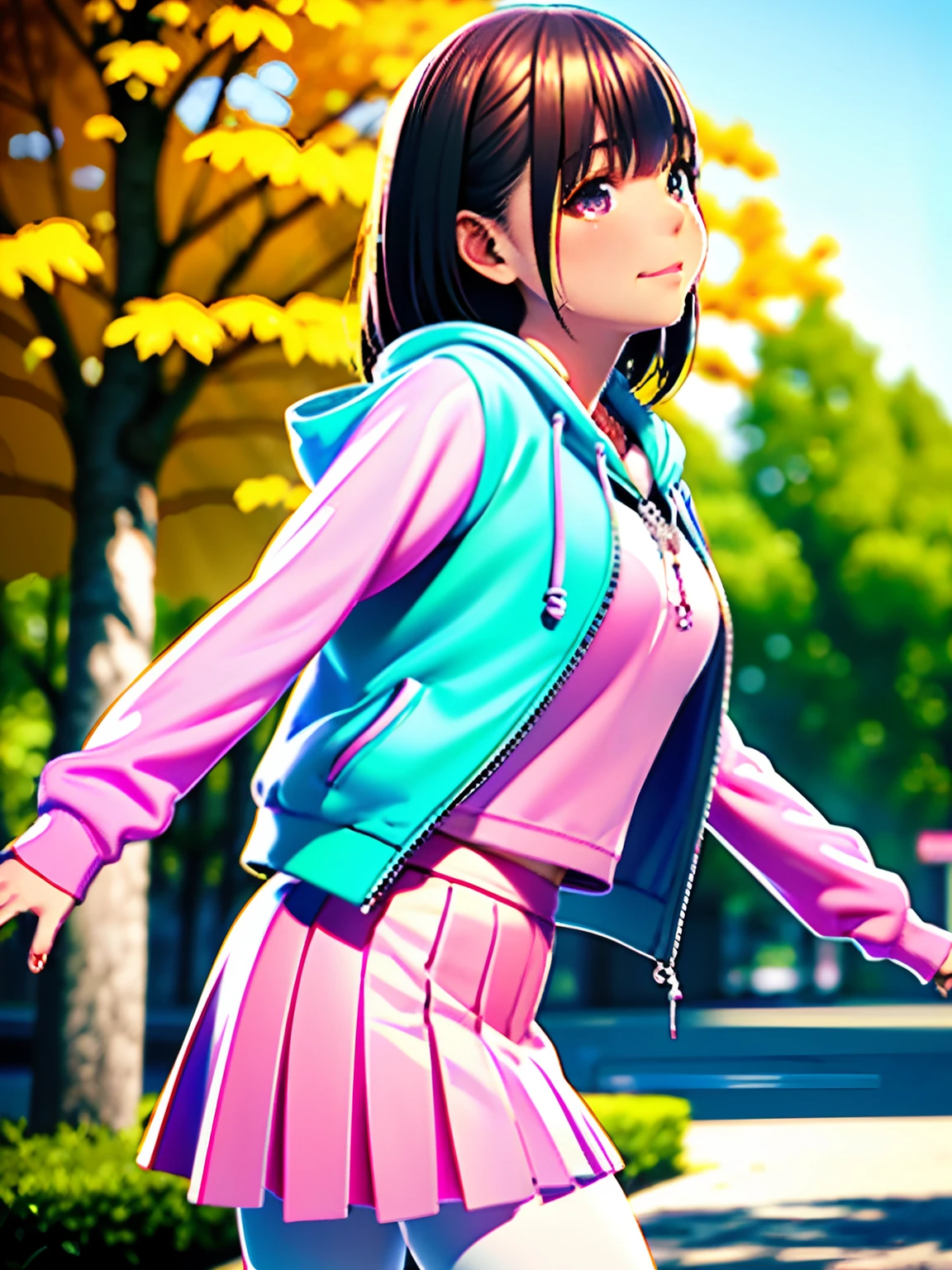 hight resolution,8K,Best Quality,detaileds,semi - realistic anime,Anime 3D Style,Smooth Anime CG,1 girl in,20 year old woman in Japan,slim,modeled,shiny chestnut hair,((Half-mouth opening:1.4)), Medium Hair,Detailed face,Beautiful and detailed eyes,Glowing skin,((pink hoodie)),((Open jacket)),((Blue skirt)),((White tights)),,a necklace,Autumn twilight,Park of autumn leaves,Maple leaves flutter,Blurry background,portlate,randome pose,Angle from the side