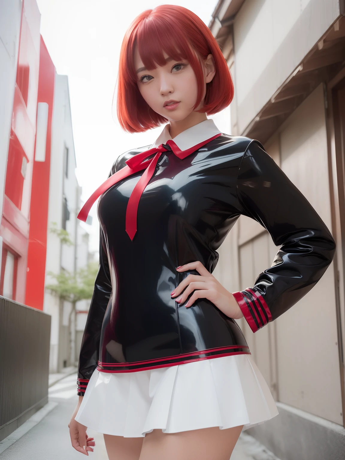 masutepiece,A hyper-realistic,32K,the Extremely Detailed CG Unity 8K Wallpapers, Best Quality,1 Beautiful Japan Woman,(Japanese high school girl, Japan school uniform,Japanese student uniform,Black sailor suit in Japan,Latex Uniforms,long-sleeve,Red Large Latex Sailor Color:1.3,((Big Red Latex Sailor Ribbon: 1.2)),Cowboy Shot, Street, garden, (Film grain:1.2), (Film Overlay:1.3),Smile,Bob Cut Hair,