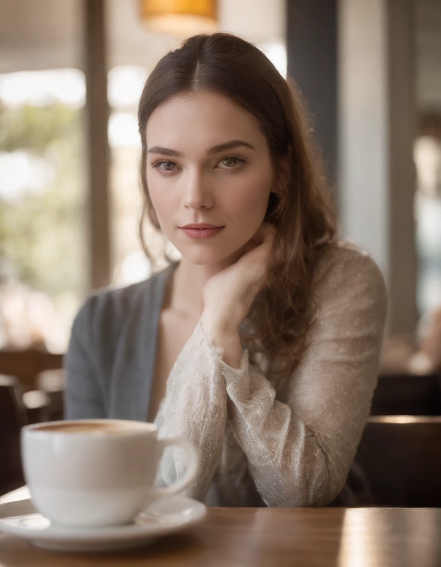 2010s fashion, Gros plan moyen, Canon EF 85mm f/1.2L II USM, A woman sits with her coffee in a restaurant,(Mettez vos mains sous la table),cheveux noirs lisses , Focus on facial expression, Mode de rue