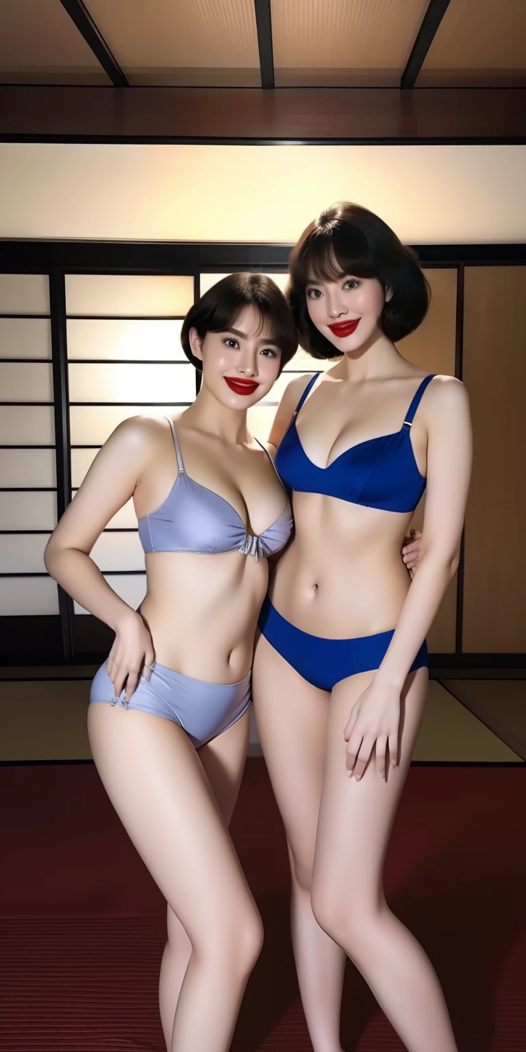 2guys、Looking at the camera、Silver Enamel Bodycon、Bob Hair、red lipsticks、Retro underwear、a miniskirt、Full smile、standup、lift knees、traditional Japanese room、3女の子、Knee High Kick、Race Queen