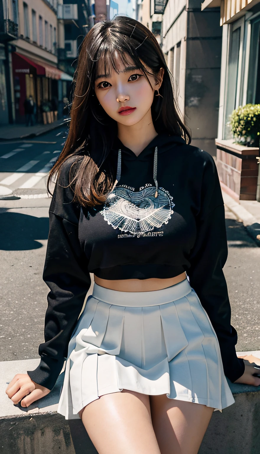 best qualtiy,tmasterpiece,超高分辨率,RAW photogr,Beautiful and beautiful,deep shading,dark themes,(realisticlying:1.4),
1girll, lacepantyhose, White pleated skirt, hoody, slim toned body, Suits,
Elegant composure,Evocative atmosphere,The presence of magnetism,refined seduction,captivating mystique,
Intricate zentangle patterns,A single female figure,astonishinglevelofdetail,A gift for generosity,portrait composition,Striking perspective,A masterpiece of chaos,Elegantly composed,inspired by brutalist architecture,vibrant paint palette,Background,Larissa Manoban,,She is seen wearing streetwear pieces, lofi girl aesthetic, Surrealism female students, Cute face,eye detailed,Delicate eyes,Realistis,hyper realisitc,vivaciousness,sexyposture,Urban streetscape,the city street,Blue,Sweatshirt,Sweet expression,cuteexpression,Full of love,sexyposture,Raised sexy,Super sexy,Full-figured,Bigchest,extremely large bosom,Raised chest,slenderlegs