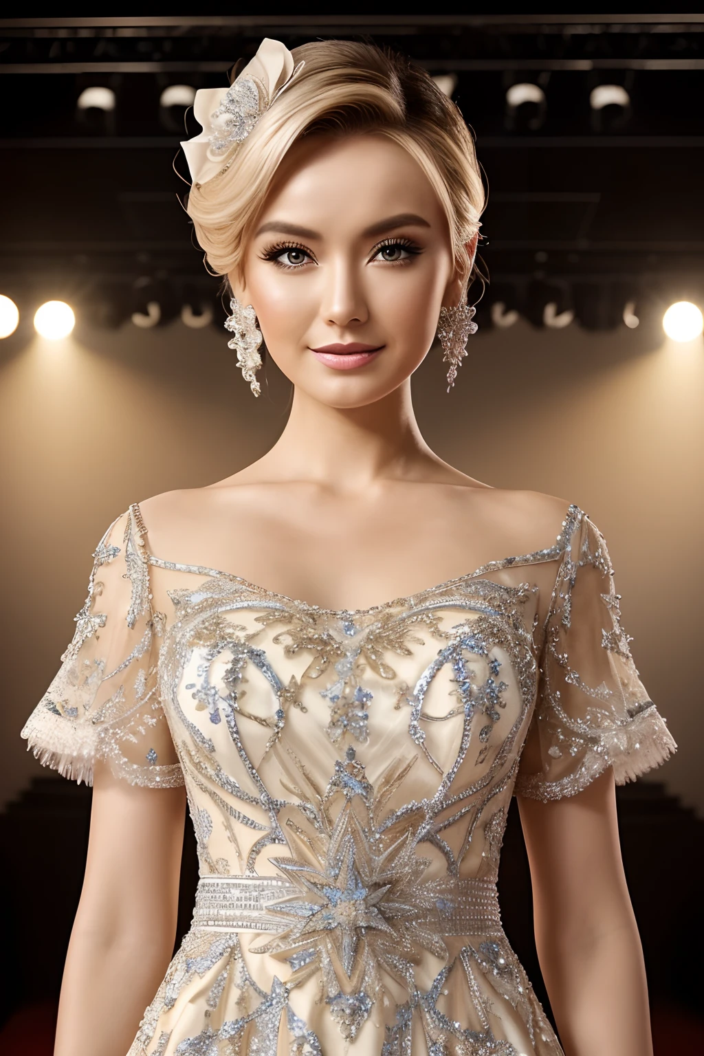 Makeup artists do makeup for celebrities,(Masterpiece:1.2), Best Quality, Masterpiece, hight resolution, Original, extremely detailed wallpaper, perfect lighting,(extremely detailed CGI:1.2),1girl, 独奏, Best Quality, Masterpiece , Polina Gagarina, hair ornament, glairing eyes, A star in the eye, (A star on the right eye:1), (Dress:1.4), (Concert1), on the stage,真实感