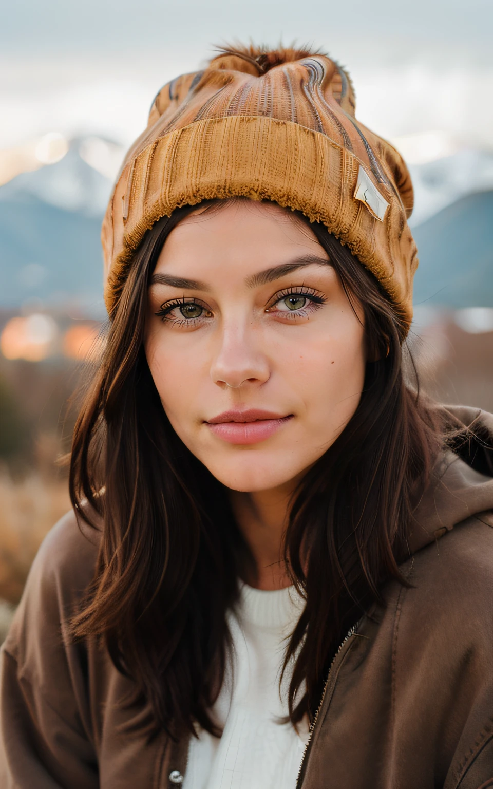cute beautiful brunette, wearing beanie and winter clothes, in the mountains in Autumn, golden hour, very detailed, 22 years old, flirty face, short hair, brown eyes, high-res, masterpiece, best quality, intricate details, highly detailed, sharp focus, detailed skin, realistic skin texture,detailed eyes, professional, 4k, smile, shot on Canon, 85mm,shallow depth of field, kodak vision color, eyeshadow, extremely detailed, photo_\(ultra\), photorealistic, realistic, post-processing, max detail, roughness, real life, ultra realistic, photorealism, photography, 8k uhd, photography,