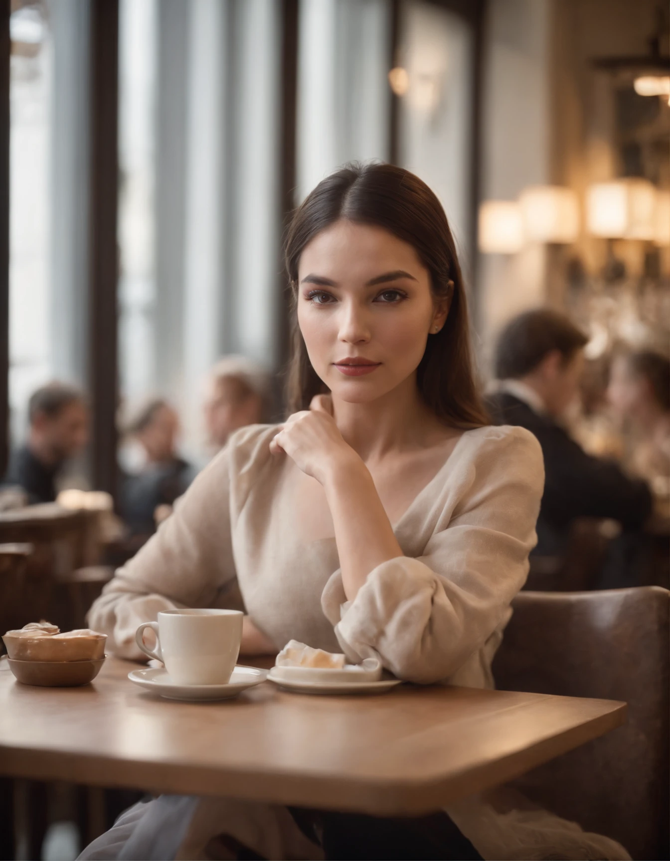 2010s fashion, Gros plan moyen, Canon EF 85mm f/1.2L II USM, A woman sits with her coffee in a restaurant,(Mettez vos mains sous la table),cheveux noirs lisses , Focus on facial expression, Mode de rue