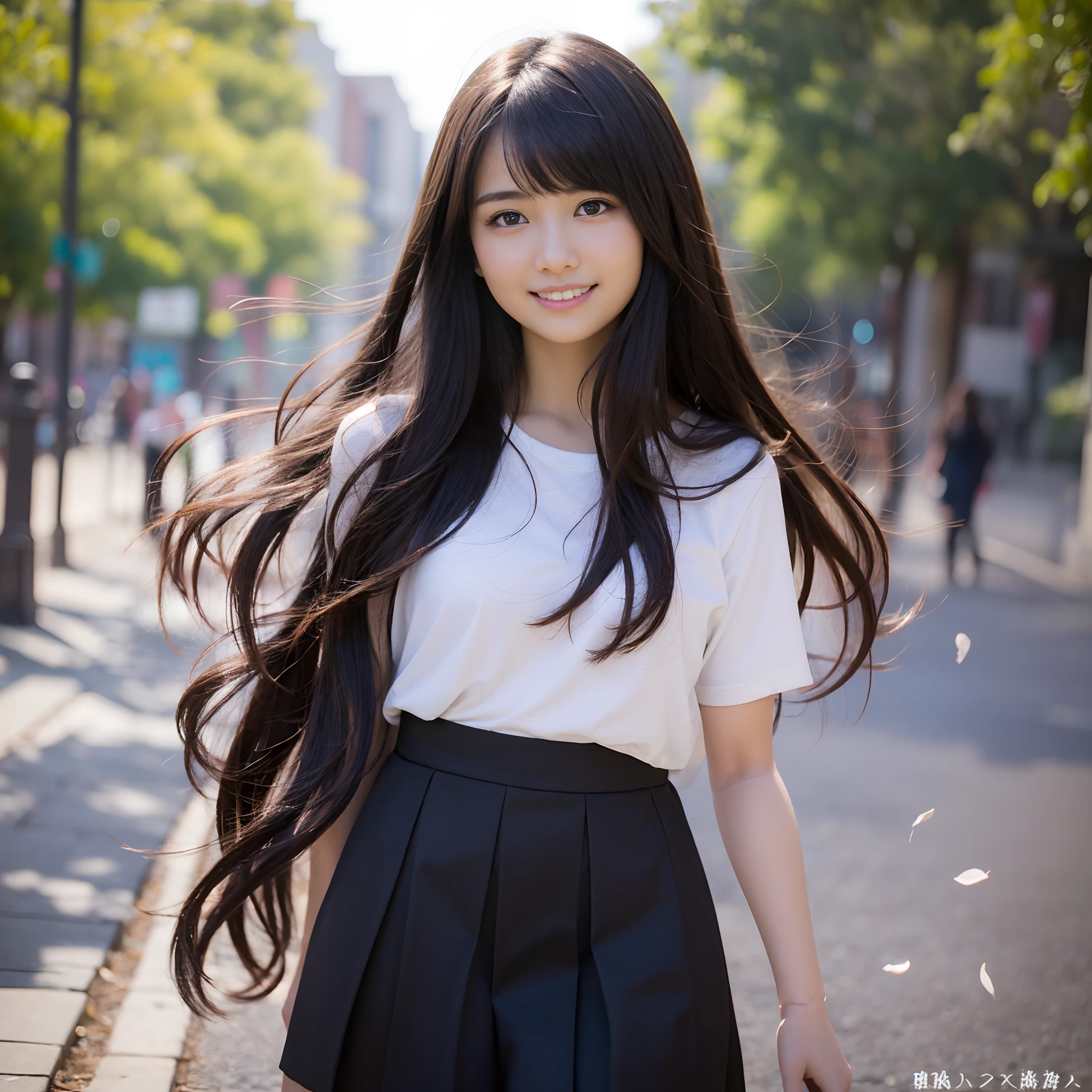 (masterpiece、top-quality、8k wallpaper、hight resolution、A hyper-realistic)、1girl in、独奏、Composition of the whole body from a distance, Slender body type:1.1、(Beautiful face like a doll:1.5)、Beautiful face、Beautiful eyes、A detailed face、A detailed eye、Detailed nose、Detailed mouth、(Long hair fluttering in the wind:1.5)、(bangss:1.5)、Brown hair、Black eye、Walk through the large park、(Photograph yourself:1.5)tshirts, a miniskirt、Photography camera"Sony a7 IV";lens="Tamron 28〜200 mm、F / 2.8〜5.6Di III RXD";"shibori= F / 6.3";"Shutter Speed=1/1600 seconds";".......ISO=100";Happy smile、Happy smile、An 18-year-old woman、Angle peeking out from below
