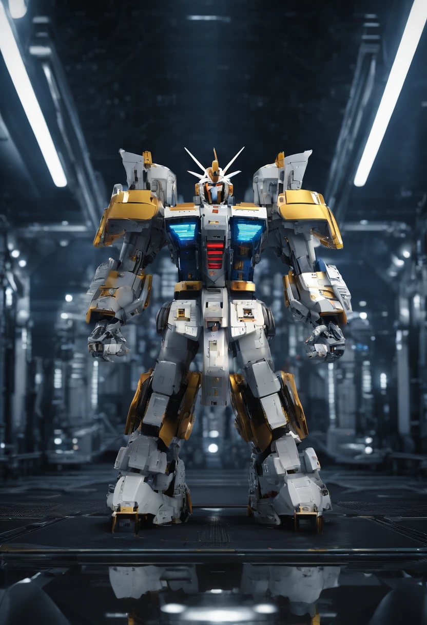 Gundam Mech , the Lion，Science fiction, Front view, sense of science and technology, C4D, OC renderer, illusory engine, High detail, industrial design, 8K HD, Studio light, Retro