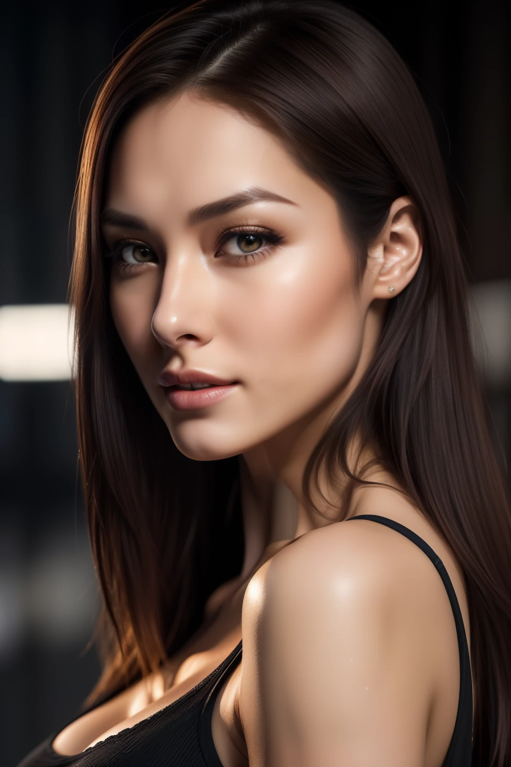 photoRealstic, hyper realisitic, reallistic, Smooth lighting, Improved cinematic lighting quality, 32K, 1人の女性, 25-years old, straight haired, Realistic lighting, Back lighting, Facial Lights, Ray tracing, Quality Improvement, Realistic textured skin of the highest quality, fine detailed eyes, A detailed face, Fine quality eye, Close-up from chest up, small breasts of good shape, tshirts, enhance the atmosphere of body line, Increase the beauty of skin texture