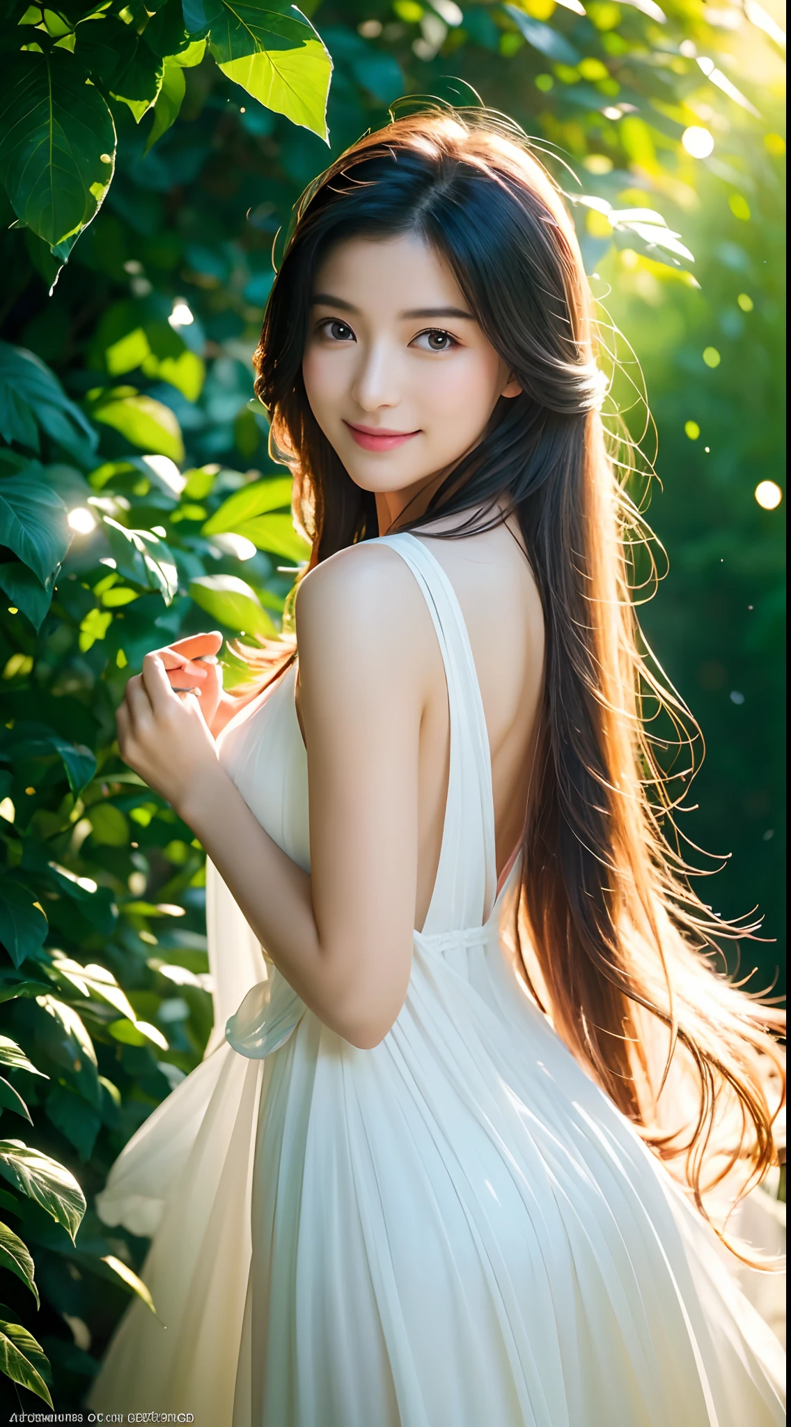 Tabletop, Highest quality, Super detailed, In detail, High resolution, 8k wallpaper, Perfect dynamic composition, Natural color lip,(Wearing a long white dress:1.3),(Long Hair:1.3),I want to convey a fun atmosphere.,20-year-old girl,(smile:1.3)、Beautiful hair in the morning sun、Sleeping on your back