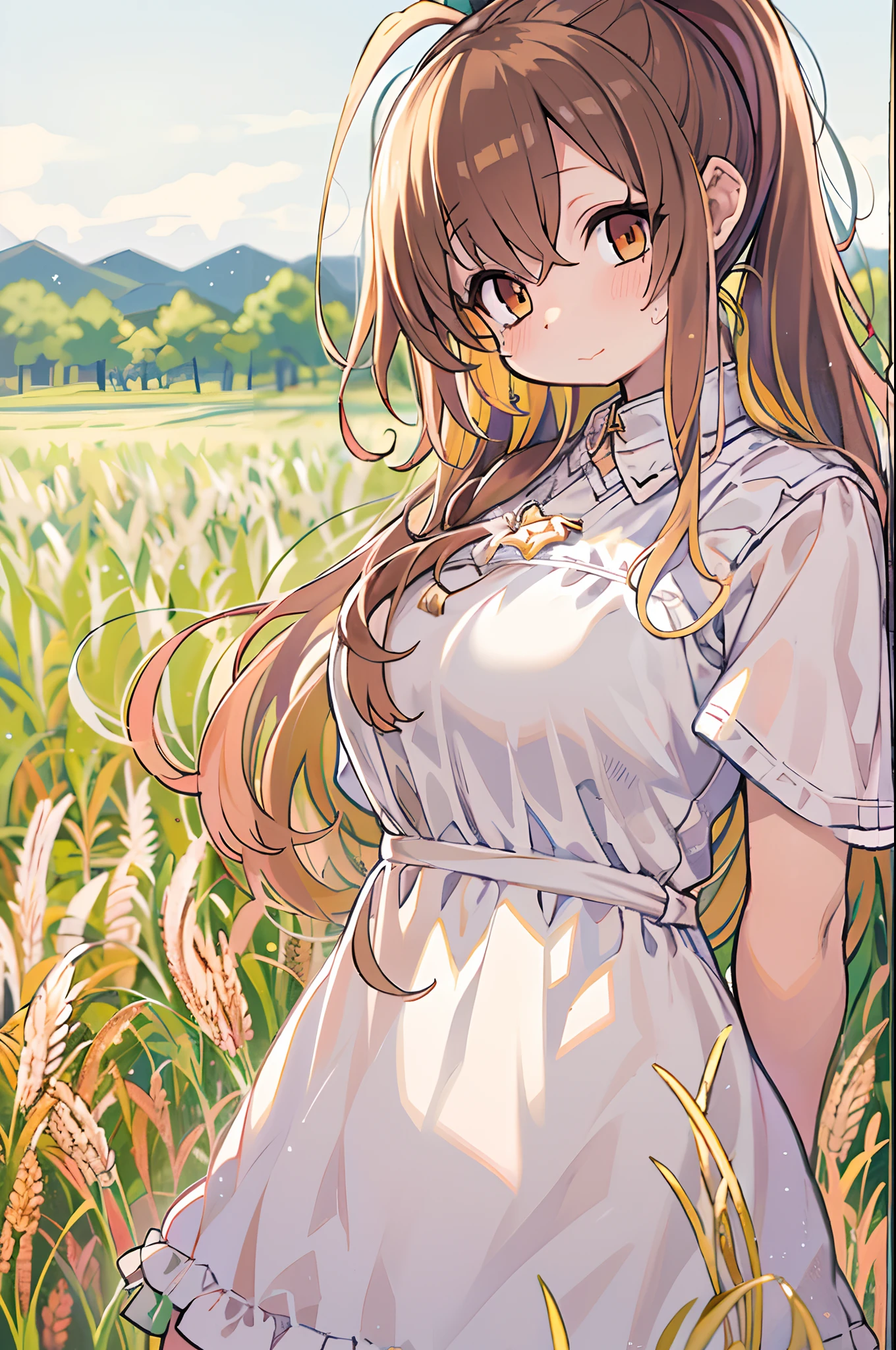 (masutepiece:1.4),, (Best Quality:1.4),, 超A high resolution,, 8K, nffsw,, (Extremely delicate and beautiful:1.2),, , Upper body,, From Side,, Looking at Viewer,, , 1girl in,, Solo,, fashi-girl,, Mature girl,, , Cute, Dolce,, , In the wheat field,, Blurry background,, , long brown hair,, Ponytail hair,, , Brown eyes,, Closed mouth,, Red lips,, , Face fluttering in the wind,, , White Dress,, medium breasts,