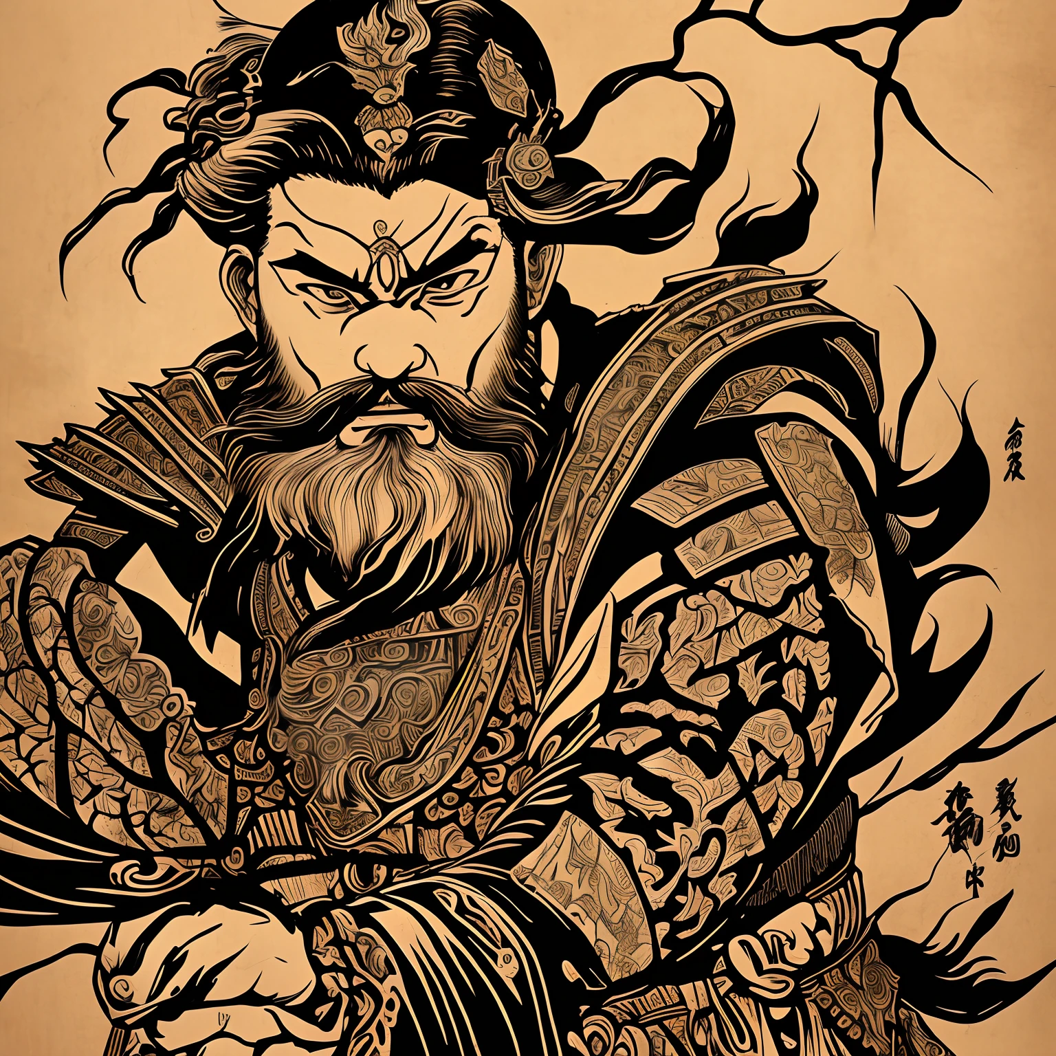 (best quality, highres, masterpiece:1.2),ultra-detailed,realistic, HDR, 1man, facing forward, gray hair, beard, samurai, detailed eyes, detailed lips, intense gaze, traditional samurai armor, katana, action pose, dynamic lighting, misty atmosphere, cherry blossoms, ancient Japanese temple, rugged landscape, powerful warrior, warrior spirit, samurai code, dramatic composition, dark shadows, fine details, vivid colors, stoic expression, honor and loyalty, mythical presence, iconic warrior, ancient traditions, noble heritage