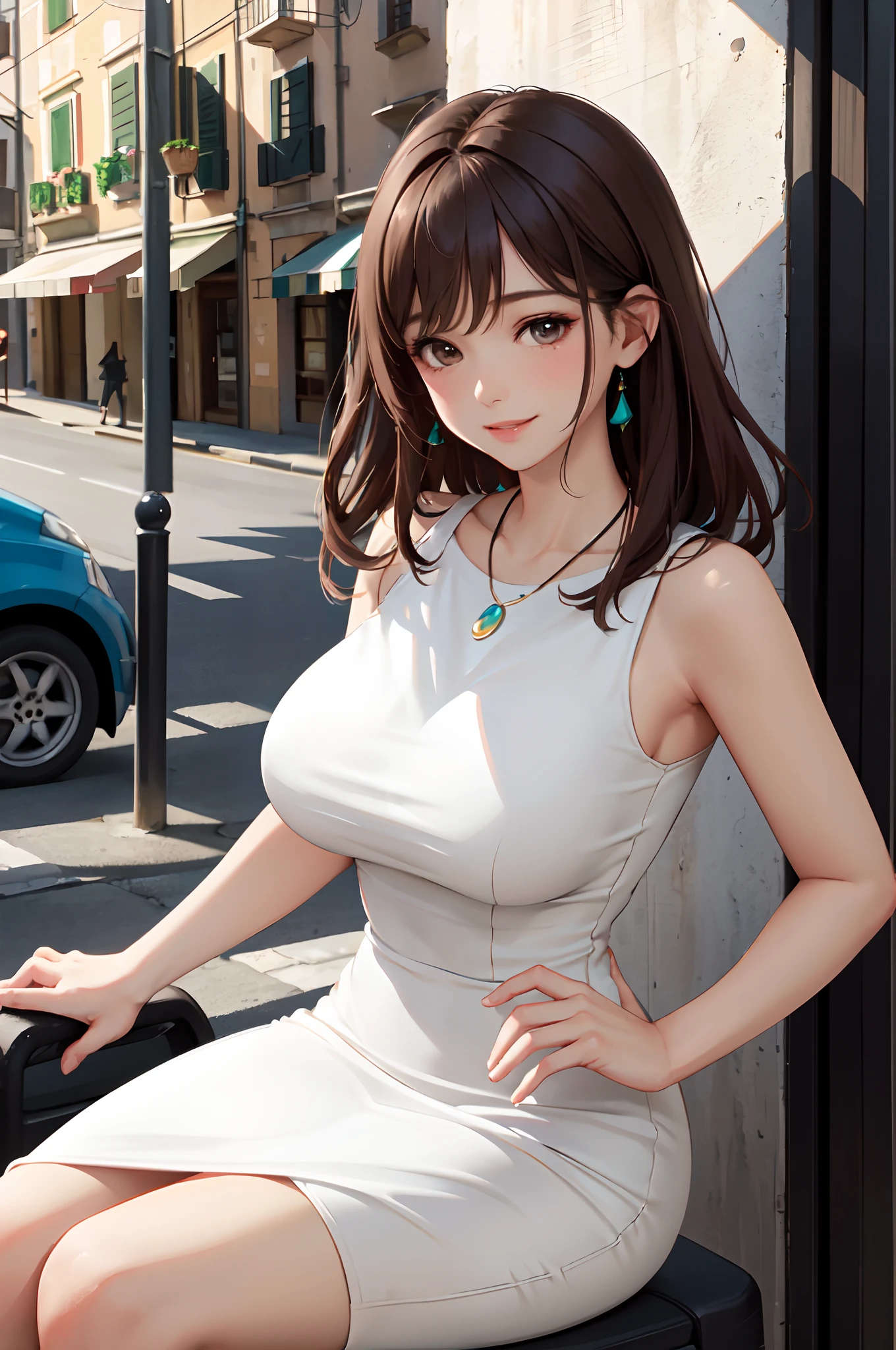 1lady solo, mature female, /(pencil dress/) /(colorful dress/) necklace, /(brown hair/) bangs, blush kind smile, (masterpiece best quality:1.2) delicate illustration ultra-detailed, large breast, arms down BREAK /(streets of Italy/), detailed background