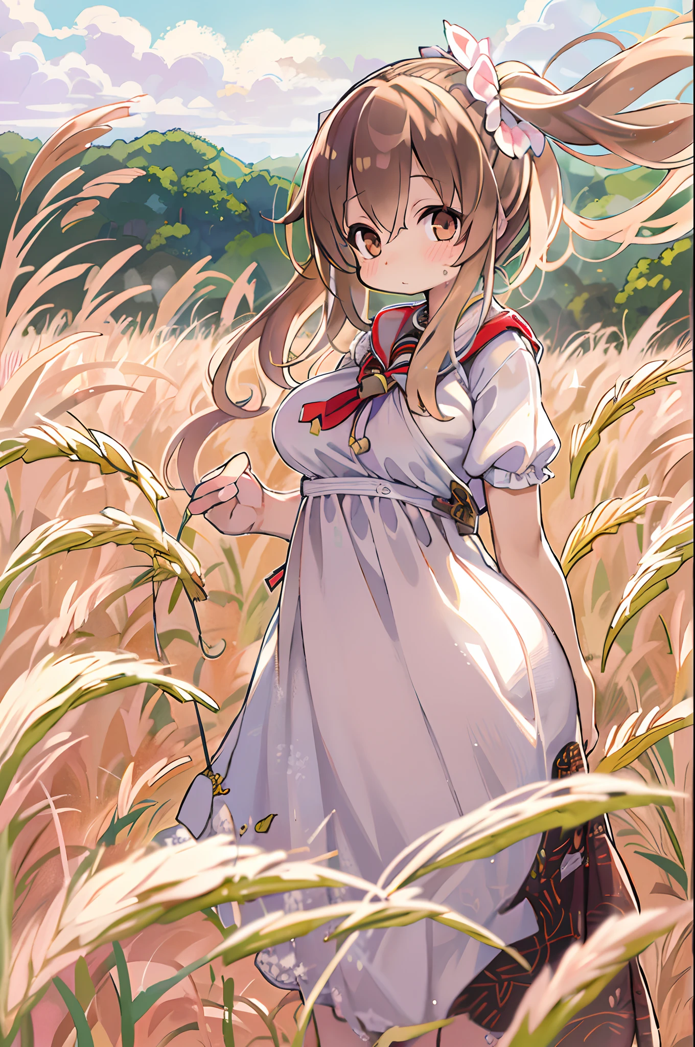 (masutepiece:1.4),, (Best Quality:1.4),, 超A high resolution,, 8K, nffsw,, (Extremely delicate and beautiful:1.2),, , Upper body,, From Side,, Looking at Viewer,, , 1girl in,, Solo,, fashi-girl,, Mature girl,, , Cute, Dolce,, , In the wheat field,, Blurry background,, , long brown hair,, Ponytail hair,, , Brown eyes,, Closed mouth,, Red lips,, , Face fluttering in the wind,, , White Dress,, medium breasts,