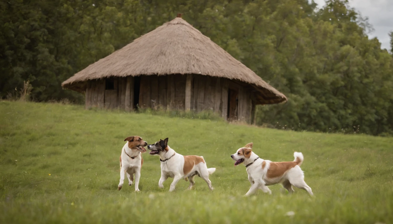 A simple peasant house near Longo Rio, 4 dogs playing in the grass, arvores com passaros.