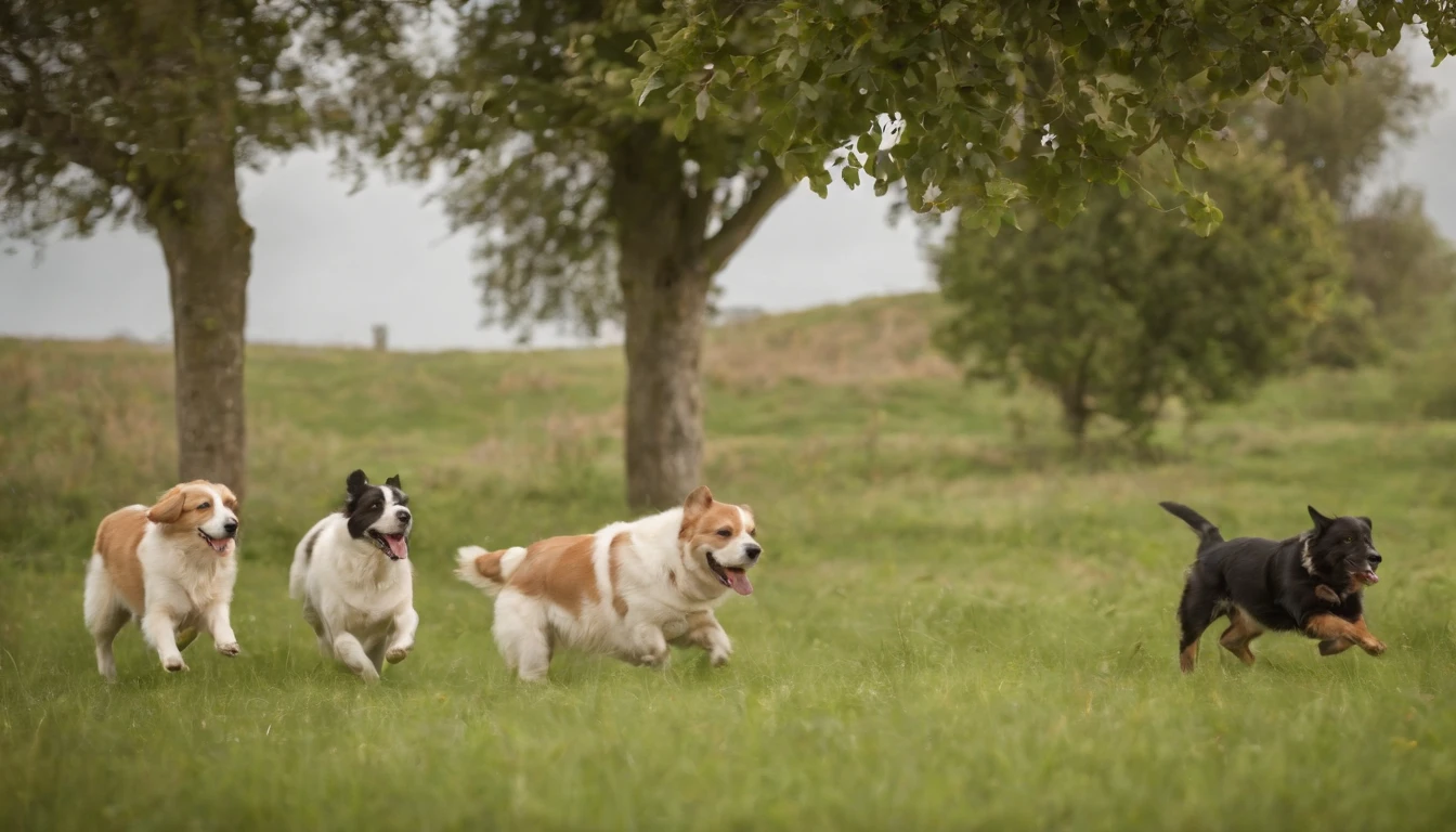 A simple peasant house near Longo Rio, 4 dogs playing in the grass, arvores com passaros.