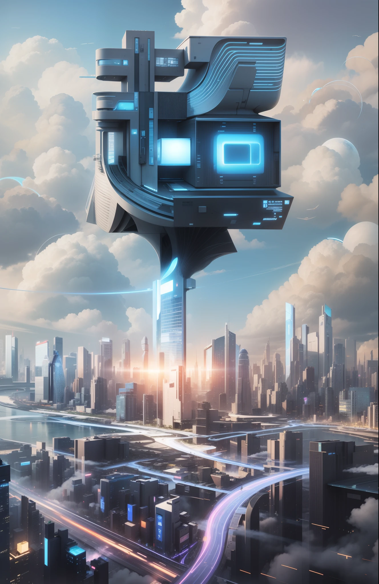 The city of the future、droid、Civilian、Rich clouds drift in the sky、Connect to the city network、tall house、blue-sky、afofuturism、Luminism、Ray traching、closeup cleavage、kanon、hyper HD、tmasterpiece、high detal、high qulity、High resolution -- v 6