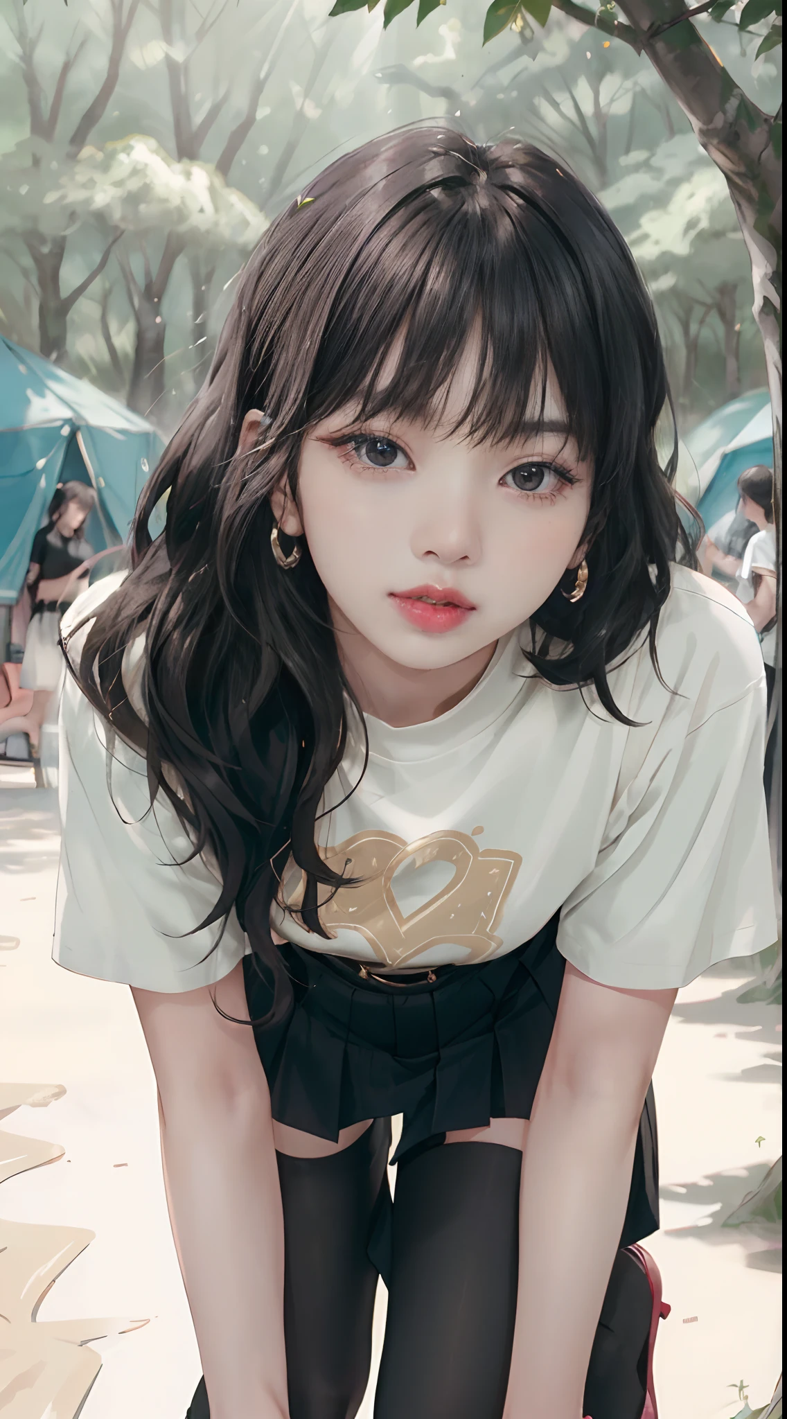 ((Lisa from Blackpink)), t-shirt, tiny pleated skirt, waist-high black tights, high heels, face close-up, very fair skin, short hair, wavy hair, camp, forest, photorealistic, indirect lighting, volumetric light, ray tracing, hyperdetailed, best quality, high resolution, HDR, 8k