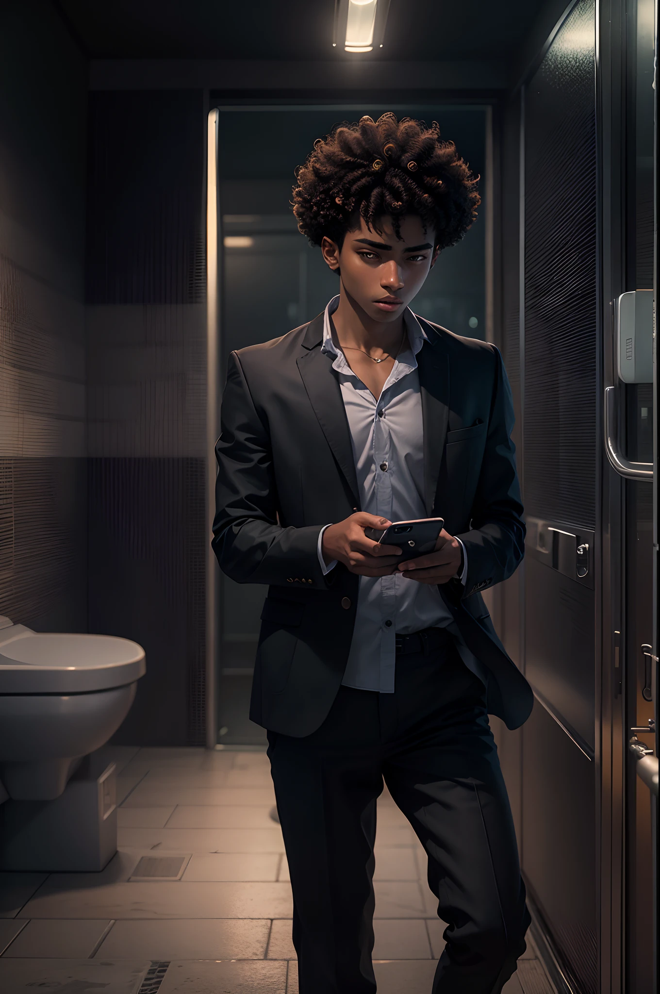 realistic image in 8k of a 16 year old male ager, Brazilian features, curly hair, dark skin, dressed in a black formal blouse, walking in a simple restroom looking at a cell phone, night scene
