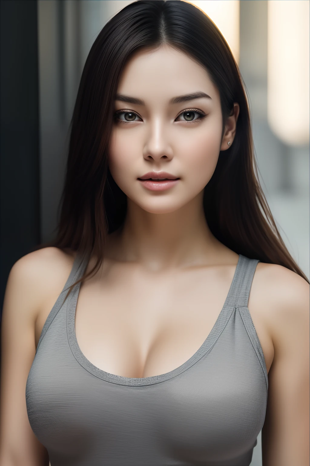 photoRealstic, hyper realisitic, reallistic, Smooth lighting, Improved cinematic lighting quality, 32K, 1人の女性, 25-years old, straight haired, Realistic lighting, Back lighting, Facial Lights, Ray tracing, Quality Improvement, Realistic textured skin of the highest quality, fine detailed eyes, A detailed face, Fine quality eye, Close-up from chest up, small breasts of good shape, tshirts, enhance the atmosphere of body line, Increase the beauty of skin texture