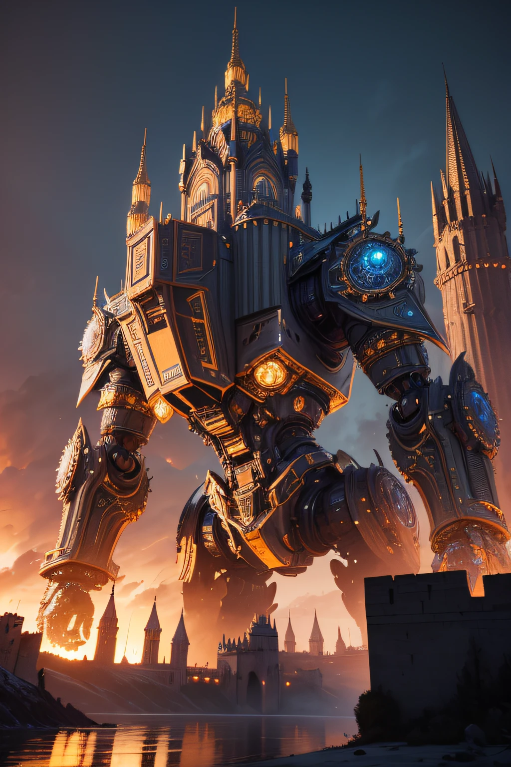 a robot-shaped castle,3D rendering,shining metallic texture,giant structure with intricate details,highly detailed gears and mechanical parts,dynamic pose and angle,vivid colors,nighttime lighting,sci-fi aesthetic,harmonious color scheme