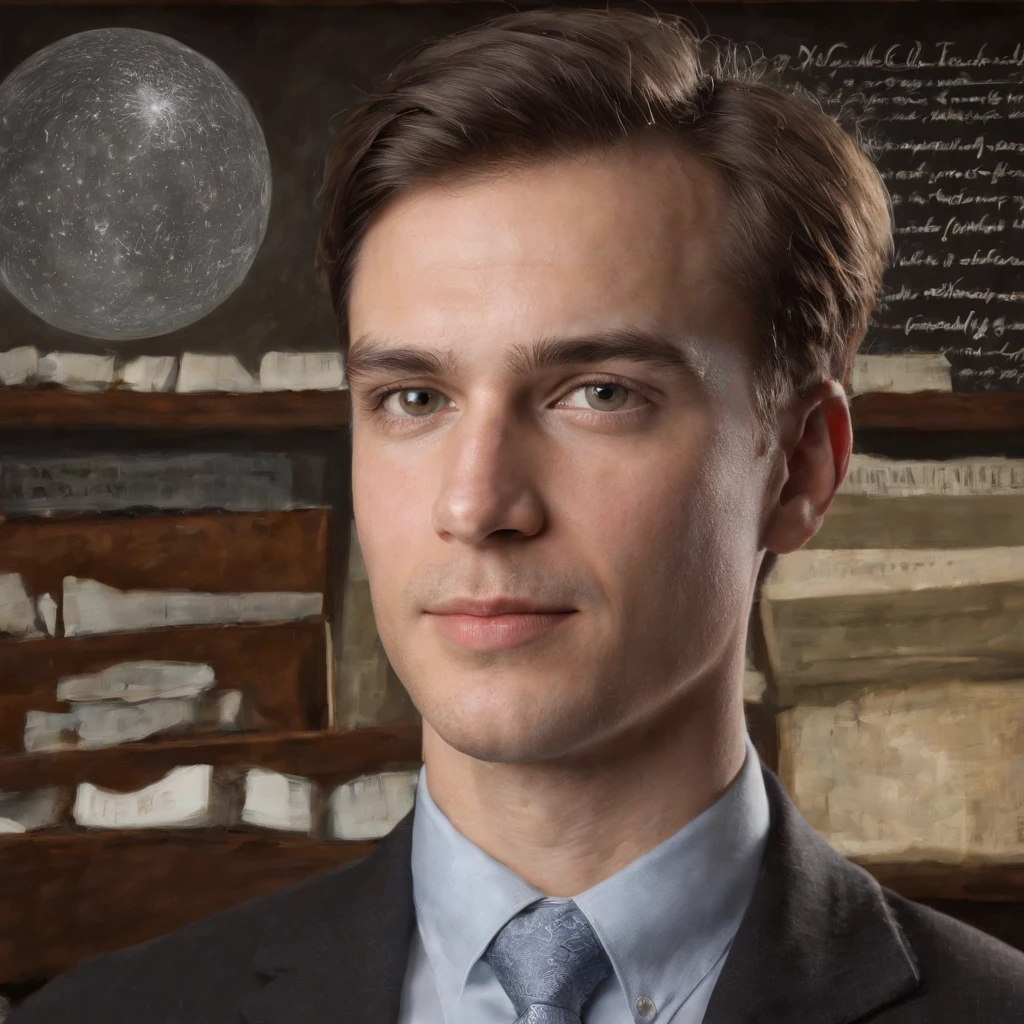An energetic 23-year-old man, deeply immersed in the world of physics. His eyes sparkle with curiosity and determination as he dives into complex equations and theories. With a focused gaze, he delves into scientific research in his state-of-the-art laboratory, surrounded by cutting-edge equipment and meticulously organized notebooks. He is passionate about unraveling the mysteries of the universe and is determined to contribute to the advancement of science. The air is filled with an intense atmosphere of scientific inquiry and the scent of freshly brewed coffee fuels his restless mind. The room is bathed in a soft, warm light accentuating the precision of his scientific instruments. The walls are adorned with colorful posters illustrating fundamental concepts in physics, reminding him of his role in the greater scientific community. The monotonous sound of pen scratching on paper punctuates the silence, evidence of his relentless pursuit of knowledge. As his research progresses, his face lights up with excitement and joy, knowing that his work has the potential to reshape our understanding of the world. The vibrant colors of his surrounding environment reflect the intricacies and complexities of the physical world, reinforcing his awe and reverence for the laws of nature. Every detail of his face, from the graceful arch of his eyebrows to the slight smile dancing on his lips, radiates an undeniable sense of purpose and enthusiasm. The amalgamation of scientific instruments, books, and equations serves as the backdrop to his intellectual journey, providing an inspiring canvas for the exploration of fundamental truths. Together with his fellow researchers, he embarks on an extraordinary voyage towards scientific discovery, their collective efforts pushing the boundaries of our knowledge. The image quality is of the utmost importance, with every detail rendered in exquisite detail. The colors are vivid and rich, capturing the essence of the scientific pursuit. The li