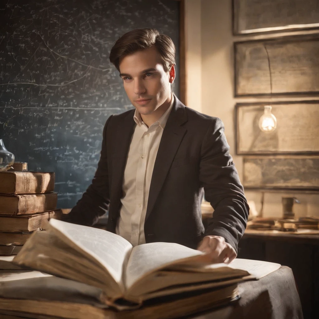 An energetic 23-year-old man, deeply immersed in the world of physics. His eyes sparkle with curiosity and determination as he dives into complex equations and theories. With a focused gaze, he delves into scientific research in his state-of-the-art laboratory, surrounded by cutting-edge equipment and meticulously organized notebooks. He is passionate about unraveling the mysteries of the universe and is determined to contribute to the advancement of science. The air is filled with an intense atmosphere of scientific inquiry and the scent of freshly brewed coffee fuels his restless mind. The room is bathed in a soft, warm light accentuating the precision of his scientific instruments. The walls are adorned with colorful posters illustrating fundamental concepts in physics, reminding him of his role in the greater scientific community. The monotonous sound of pen scratching on paper punctuates the silence, evidence of his relentless pursuit of knowledge. As his research progresses, his face lights up with excitement and joy, knowing that his work has the potential to reshape our understanding of the world. The vibrant colors of his surrounding environment reflect the intricacies and complexities of the physical world, reinforcing his awe and reverence for the laws of nature. Every detail of his face, from the graceful arch of his eyebrows to the slight smile dancing on his lips, radiates an undeniable sense of purpose and enthusiasm. The amalgamation of scientific instruments, books, and equations serves as the backdrop to his intellectual journey, providing an inspiring canvas for the exploration of fundamental truths. Together with his fellow researchers, he embarks on an extraordinary voyage towards scientific discovery, their collective efforts pushing the boundaries of our knowledge. The image quality is of the utmost importance, with every detail rendered in exquisite detail. The colors are vivid and rich, capturing the essence of the scientific pursuit. The li