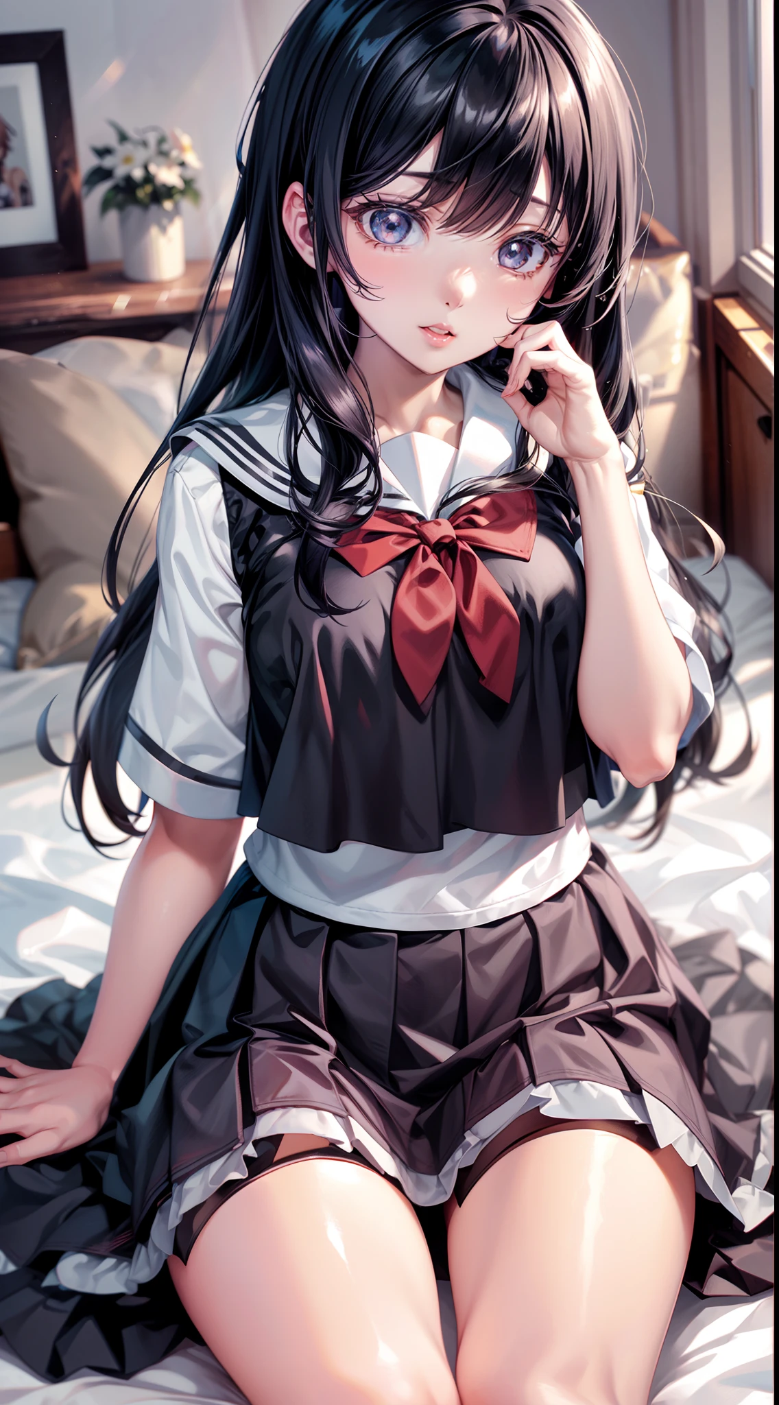 Anime girl sitting on bed in short skirt and white shirt, Kantai collection style, Beautiful Anime High School Girls, anime visual of a cute girl, anime moe art style, Yandere. Tall, Anime girl wearing black dress, from girls frontline, Marin Kitagawa fanart, ilya kuvshinov with long hair, hanayamata, JK school uniform