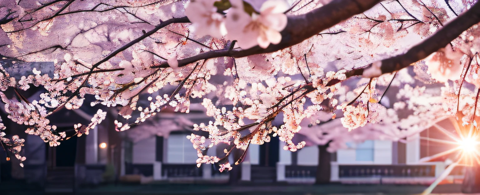 Spring evening,Branches in the sun,Hang sunlight on the cherry blossoms,photorealestic,natural soft light,hyper-detailing,4k