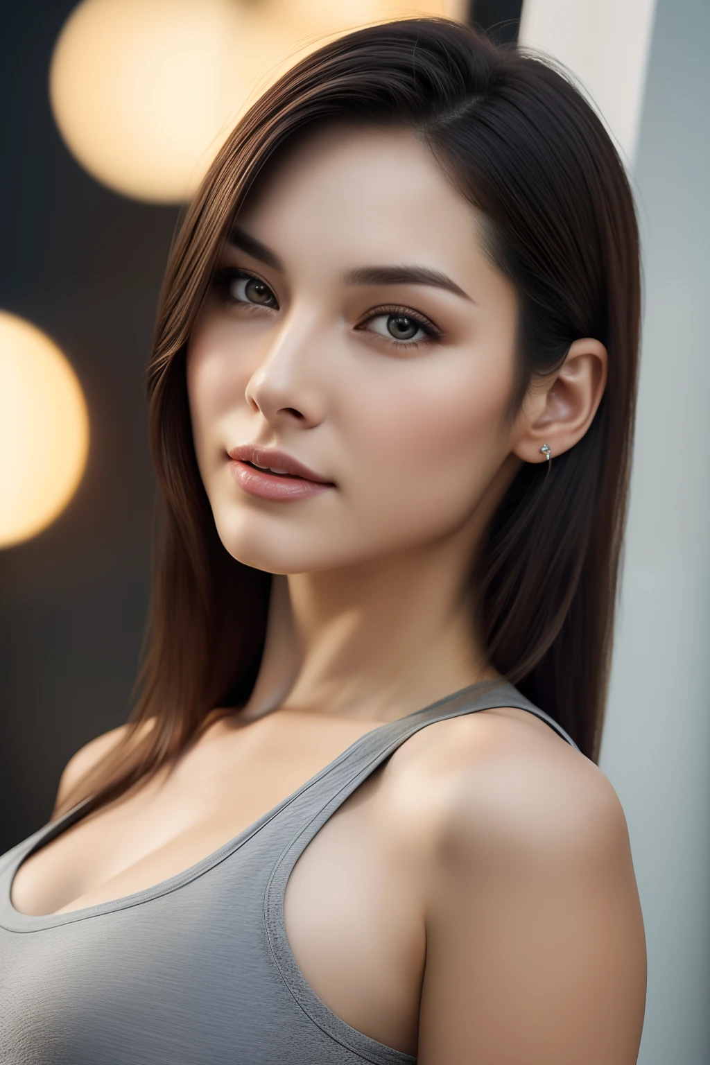 photoRealstic, hyper realisitic, reallistic, Smooth lighting, Improved cinematic lighting quality, 32K, 1人の女性, 25-years old, straight haired, Realistic lighting, Back lighting, Facial Lights, Ray tracing, Quality Improvement, Realistic textured skin of the highest quality, fine detailed eyes, A detailed face, Fine quality eye, Close-up from chest up, small breasts of good shape, tshirts, enhance the atmosphere of body line, Increase the beauty of skin texture