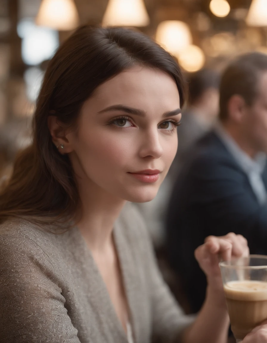 2010s fashion, Gros plan moyen, Canon EF 85mm f/1.2L II USM, A woman was sitting in a café. There was coffee on the table. His hands were under the table, cheveux noires, Focus on facial expression, Mode de rue