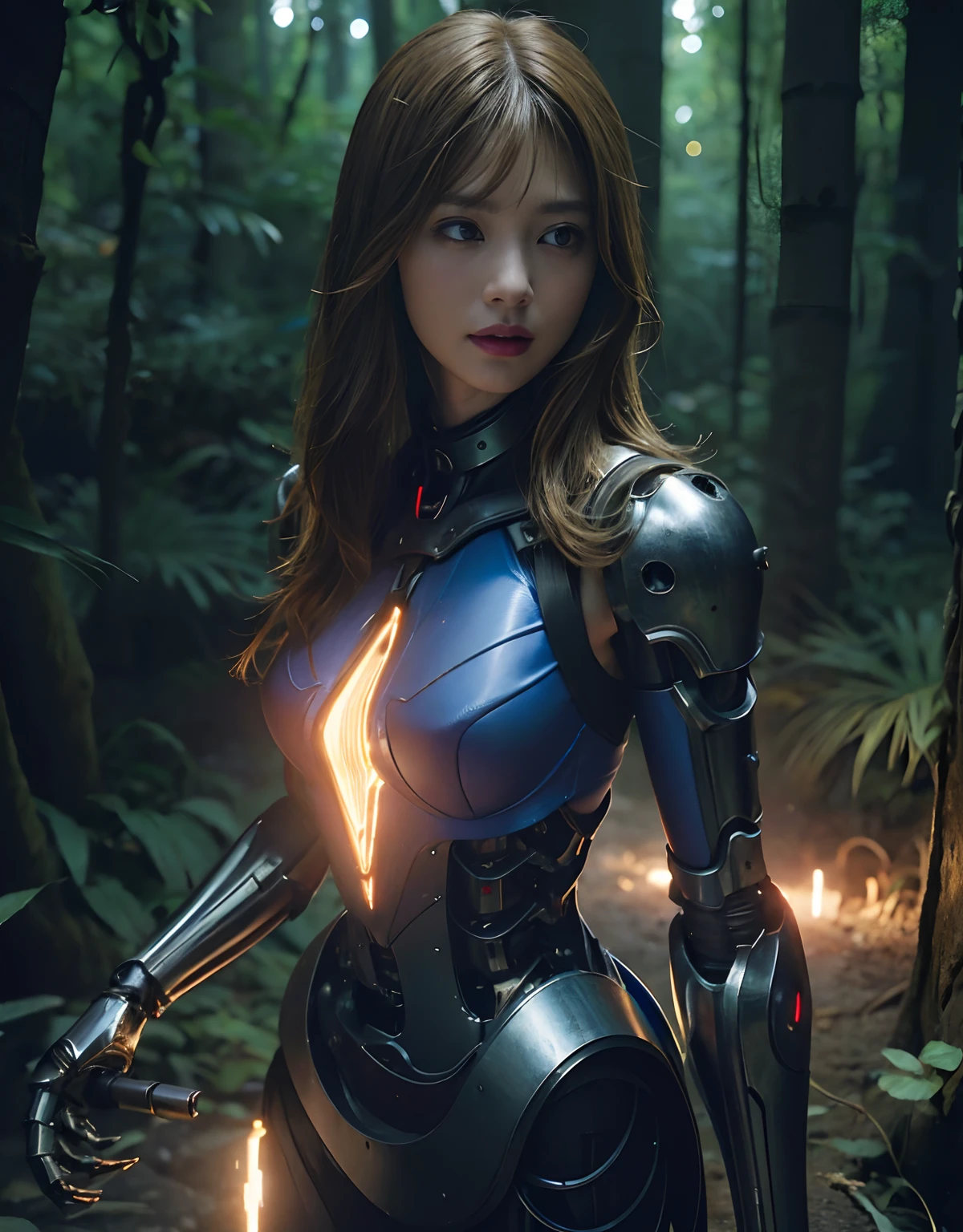 (1 Mechanical Girl)、top-quality、masterpiece、超A high resolution、(Photorealsitic:1.4)、Raw photo、1人、Golden hair、glowy skin、(((1 Mechanical Girl)))、With a beautiful knife、(Blue Metal Bodysuit)、(beautiful forest background)、(Fighting Demonic Beasts)、(Small LED)、((super realistic details))、portlate、globalillumination、Shadow、octan render、8K、ultrasharp、Colossal tits、Raw skin is exposed in cleavage、metals、Details of complex ornaments、Japan details、highly intricate detail、Realistic light、CGSoation Trends、Red Eyes、radiant eyes、Facing the camera、neon details、(Mechanical limbs)、(blood vessels connected to tubes)、Mechanical vertebrae attached to the back、mechanical cervical attaching to neck、(Wires and cables connecting to the head)、Gundam、Small LED、,Mechanical thighs、Toostock、(Hands are also made of machines)、