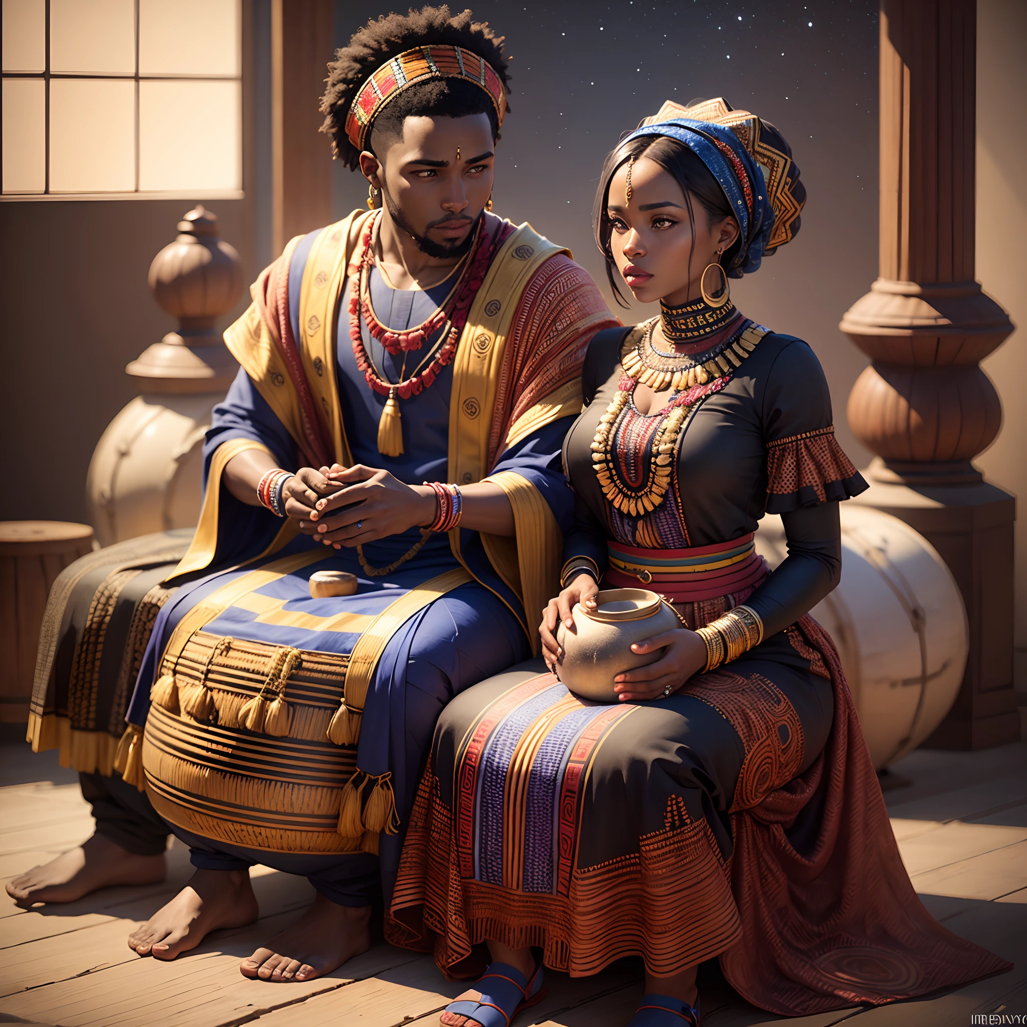 Traditional African marriage of a black man and black woman both wearing African traditional clothes, sitting on african designed chairs, surrounded by people carrying pots and african designed instruments like drums, , full of coloured African designed instruments,  in an empty area full of celebrating congregation carrying african instruments and african designed pots, night time with a blue moon shining a beautiful vibrant light,  with iridescent light, photorealistic image, 32k, ultra HD, cinematic lighting, cgsociety 9, deviantart style --auto --s2