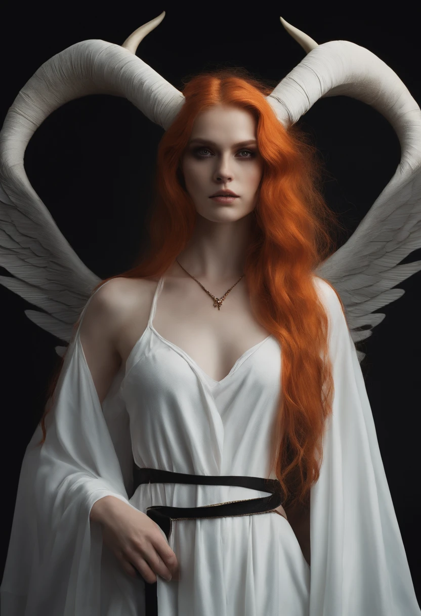 A girl, shaggy long orange hair, Dressed in white bandages on her body, white top, Tied white cloth on the torso,Black Long Horns, red-eyes, pale skin,Black wings , Staff in hands
