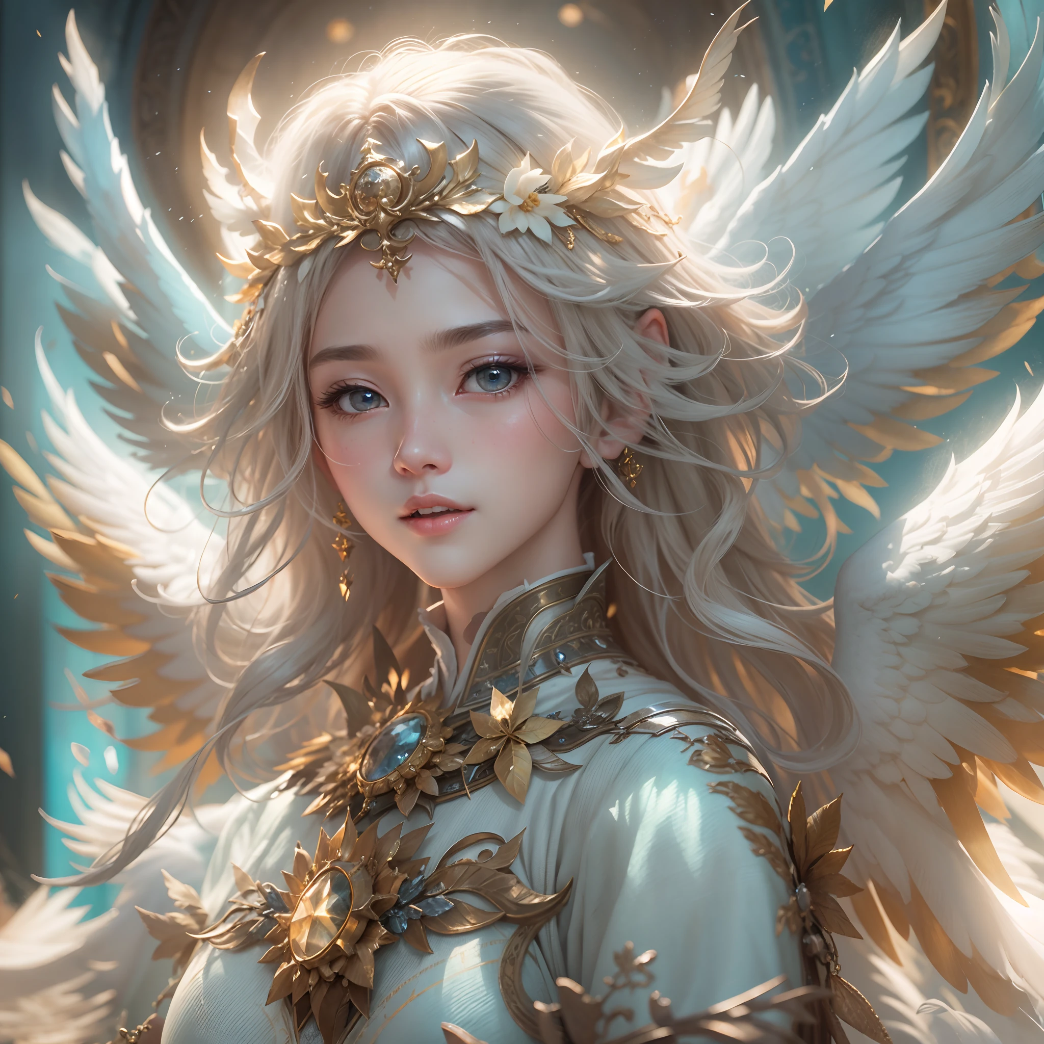 masterpiece、top-quality、in 8K、realperson、realisticlying、Highly detailed CG、shinny skin、Fully Focused、celestial realm、The Glory of God、shine、angelicales、blessings、Happiness