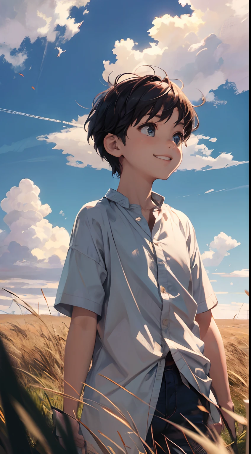grassy fields、blue open sky、White cumulonimbus clouds、contrail、Fiery sun、The steppe grass sways in the wind、Photoquality、Live action、Realisticity、Realistic depiction、8K quality、NFFSW、Digital SLR、high high quality、Film grains、富士XT3、Boy wearing a shirt、The wind blows up the corners of your clothes,Standing posture、Short hair swaying in the wind、Colossal tits、Big eyes、Medium Bob、A smile