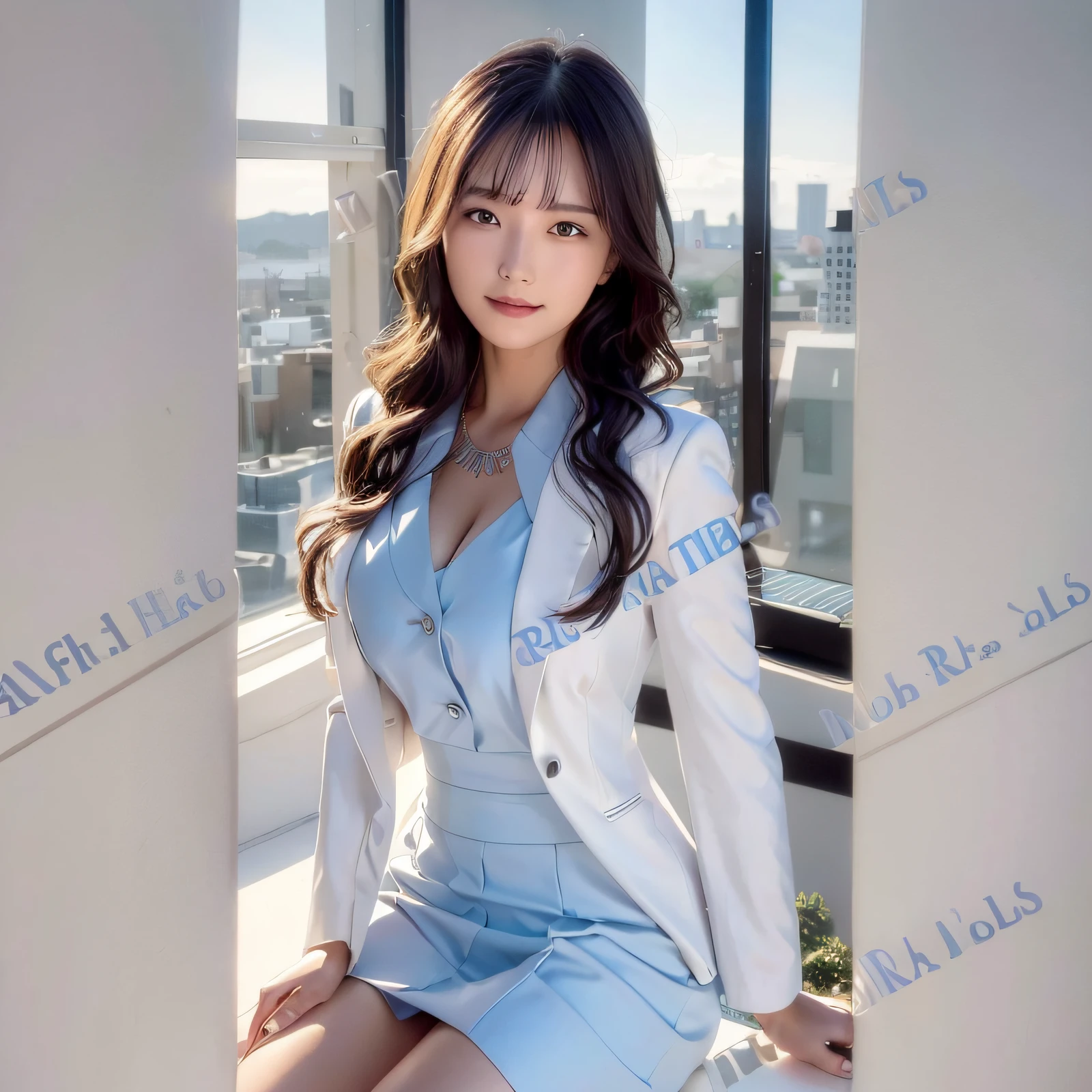 Image of Alphard sitting on the windowsill with a woman in a blue suit, Girl in suit, Girl in a suit, taken in 2 0 2 0, Dressed in a suit, business clothes, Office Clothes, Business Suit, well lit professional photo, realistic professional photograph, detailed professional photography, Business attire, wearing jacket and skirt, Dressed in a suit
