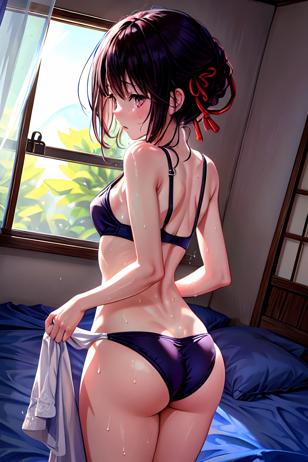 lighting like a movie、top-quality、Back of an 8 year old girl、White panties、Sportsbra、small ass、nice butt、perfect buttocks、Wearing sweat、full of sweat、traditional Japanese room、Delicate body、tiny body、small tits,