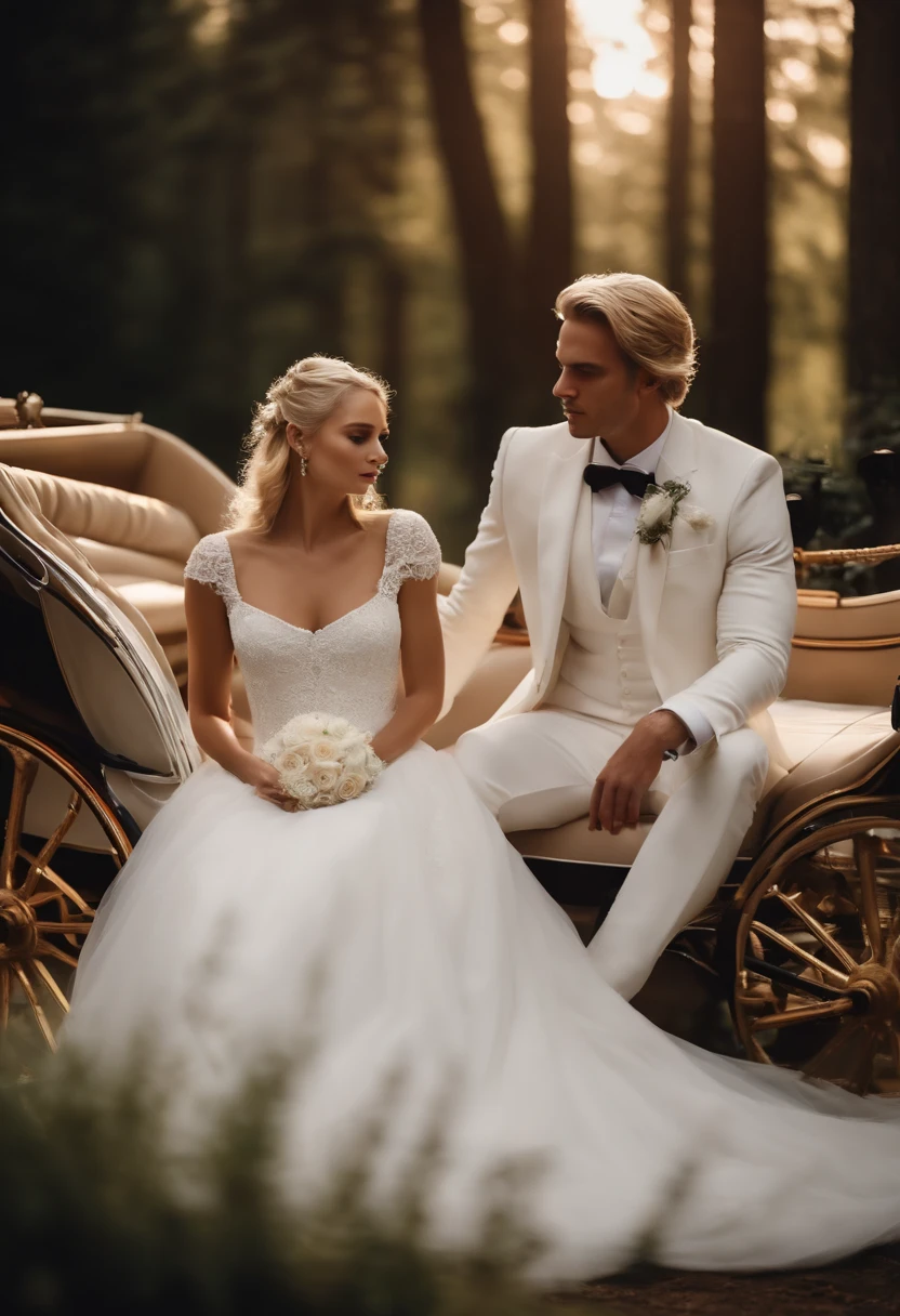 A blonde prince and a blonde princess are married,Wearing a white suit and a white wedding dress,White carriage,dream magical,