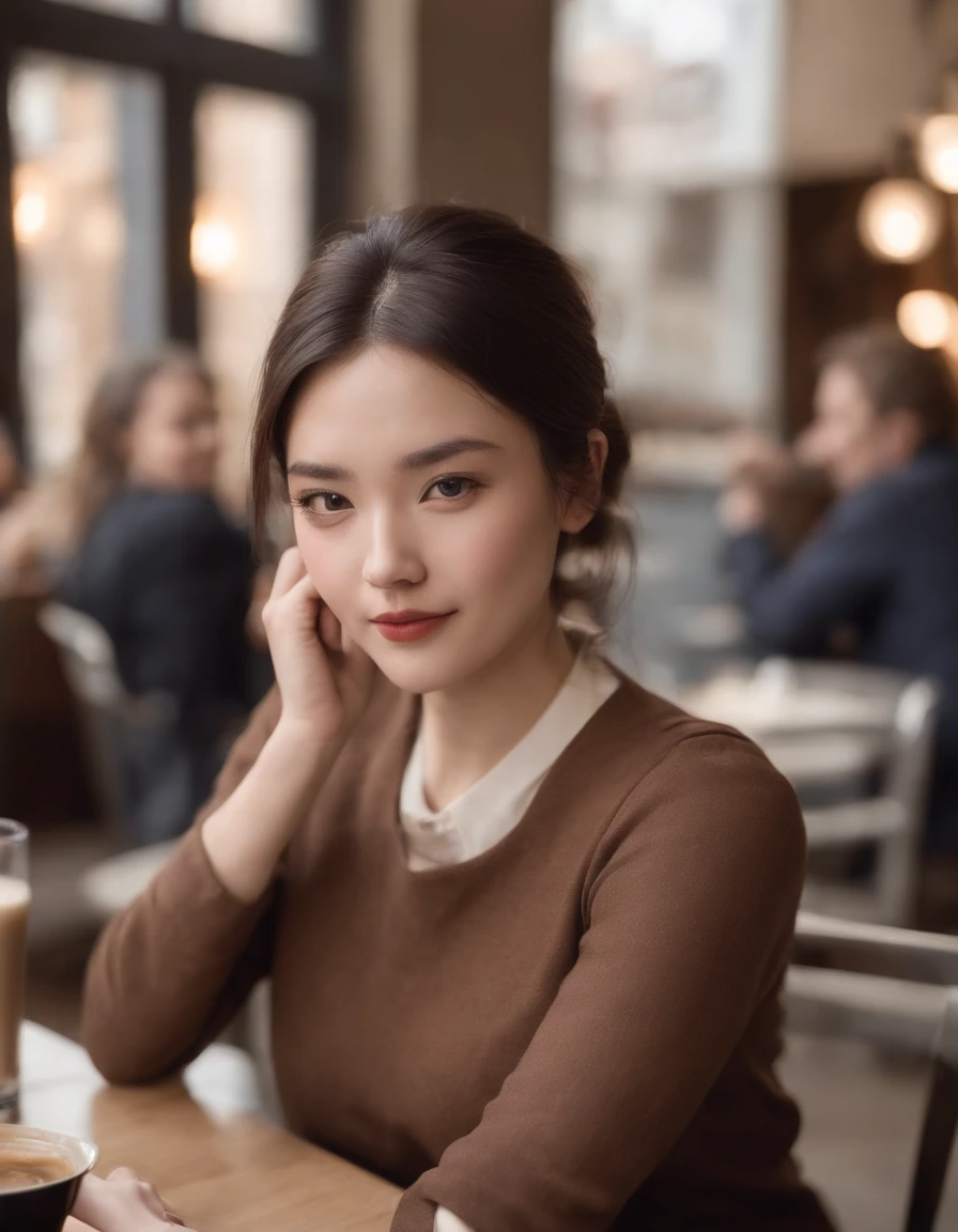 A Japanese Lady、light skinned, Women around 19 years old, Natural black hair, 　characteristic dark brown eyes,,,,, Wearing a striped jersey, slender and graceful,,Beautiful,Ultra Sharp Focus, realistic shot, Athletic wear with vertical stripes、a black skirt、Tetradic color、
（Restaurant decorated with flowers, Cafe on the open terrace,Pastel signs、European Way）、top-quality