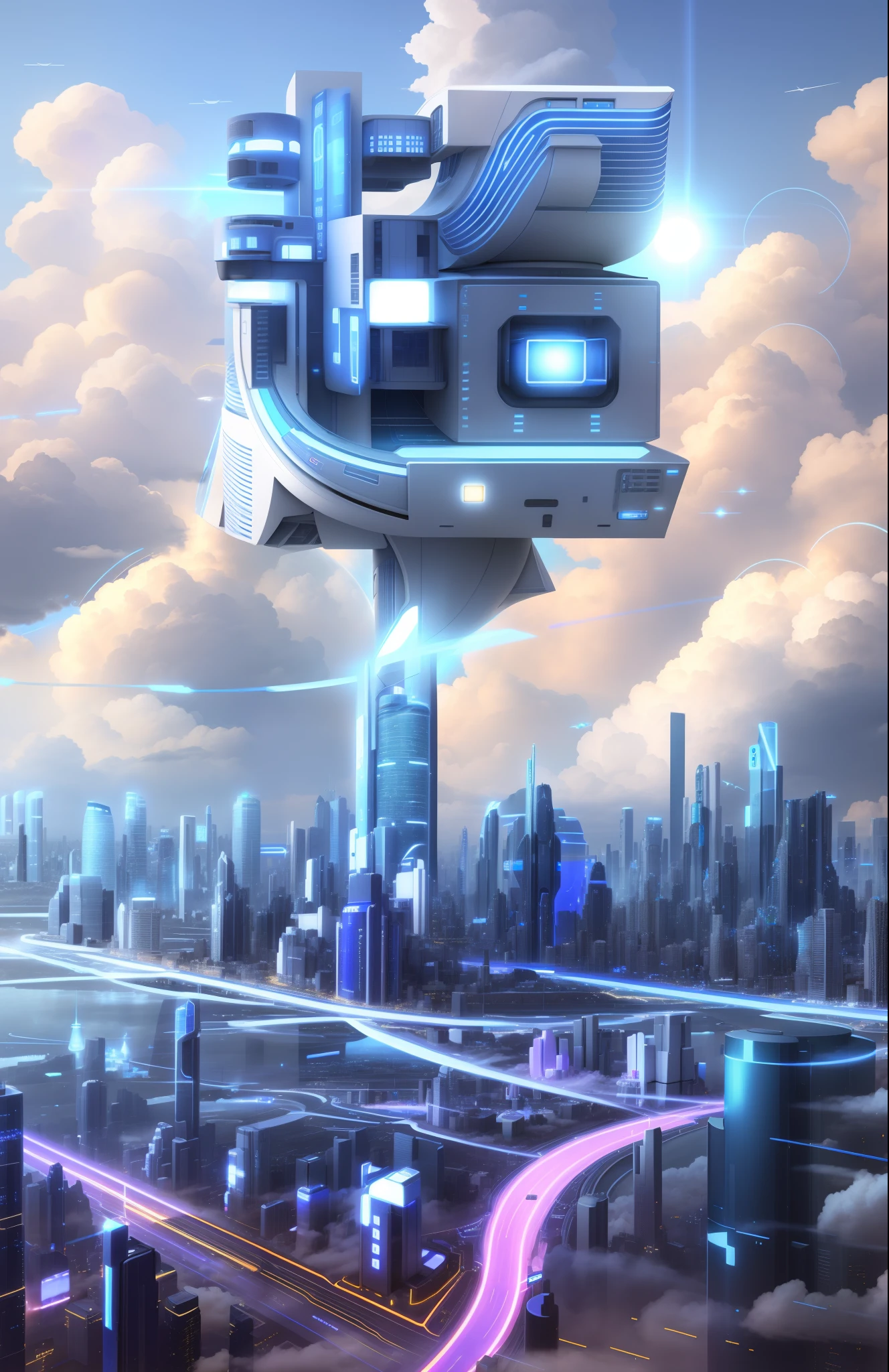 The city of the future、droid、Civilian、Rich clouds drift in the sky、Connect to the city network、tall house、blue-sky、afofuturism、Luminism、Ray traching、closeup cleavage、kanon、hyper HD、tmasterpiece、Epic details、high qulity、High resolution -- v 6