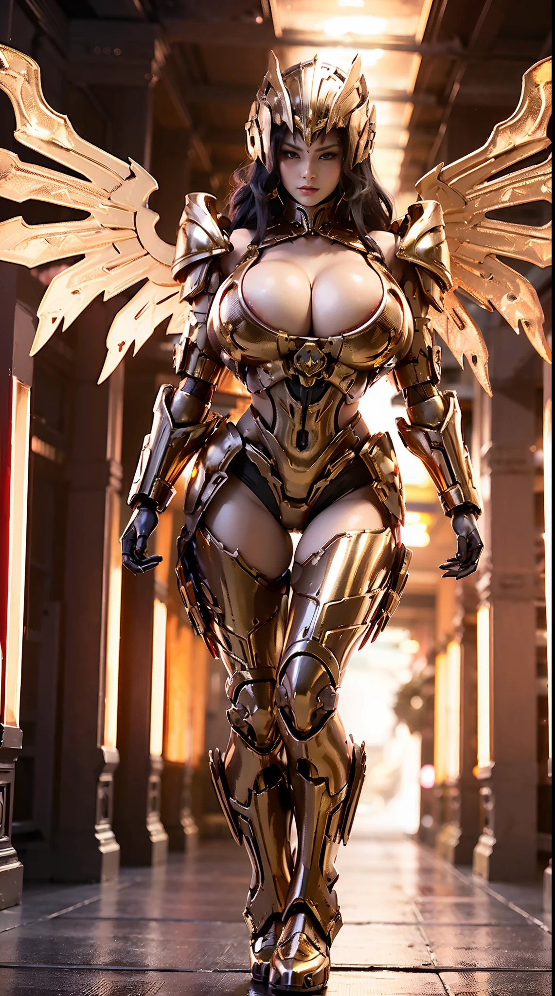 A WOMAN, BEAUTIFULL FACE, HUGE , RED, GOLD, BLACK, MECHA ARMOR FULL GEAR, (SUIT), (CLEAV PAIR LARGEST WINGS), (FULL BODY:1), TRANSPARANT, (SEXY TALL LEG), STANDING, (SEXY BODY:1), (MLE ABS:1).